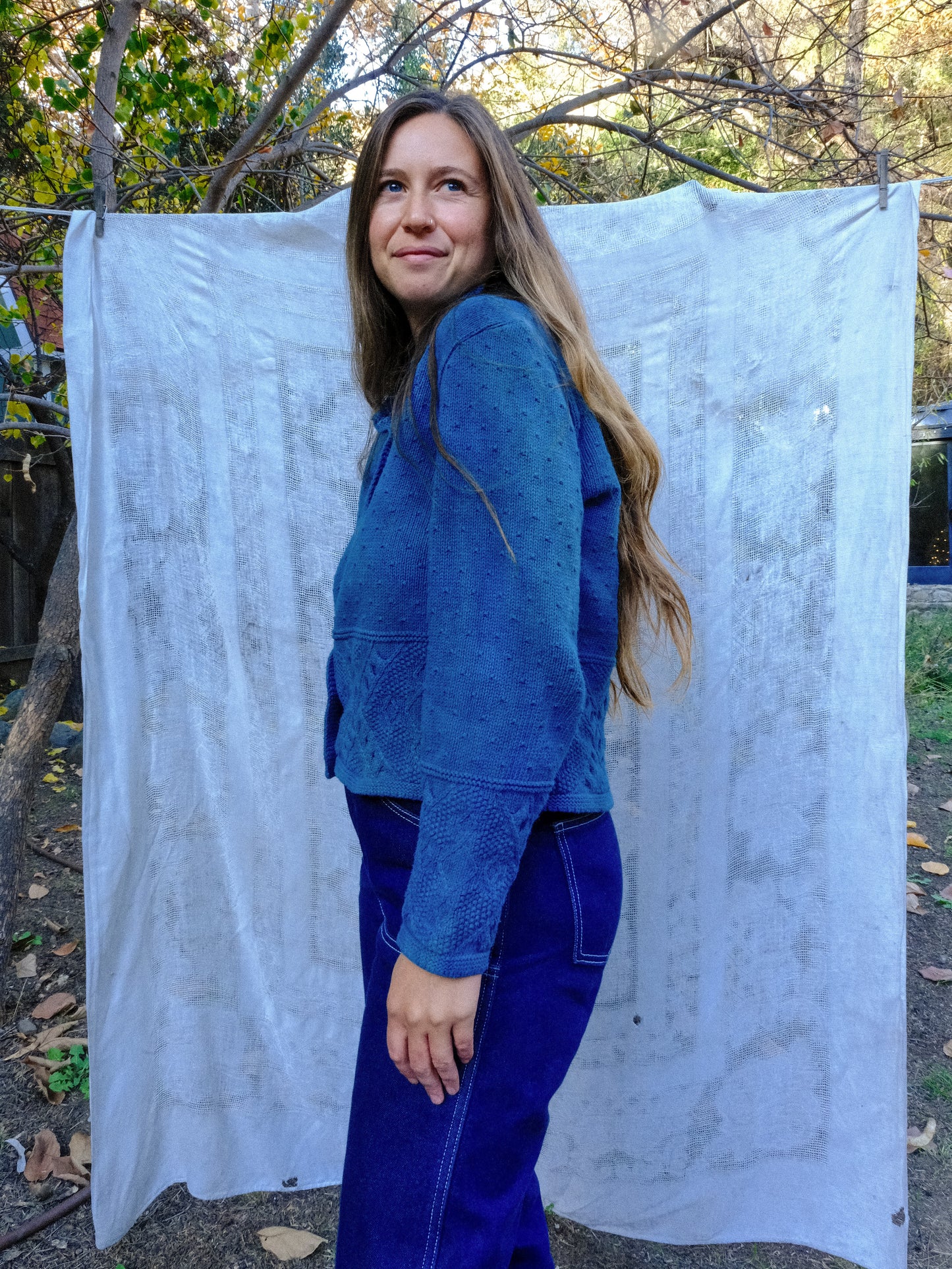 Indigo Cotton Collared Dobby Sweater