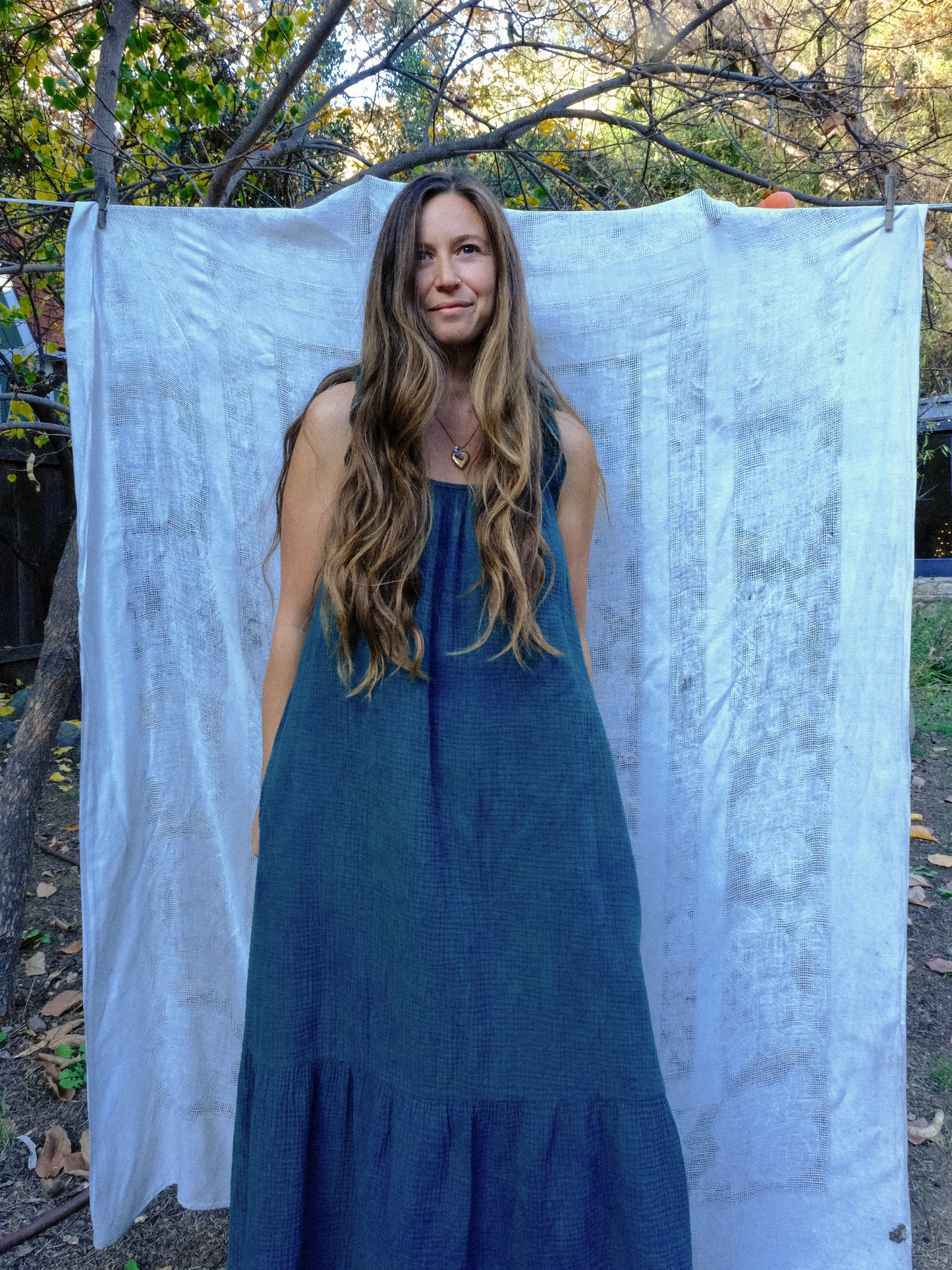 Indigo Cotton Gauze Flutter Strap Maxi Dress