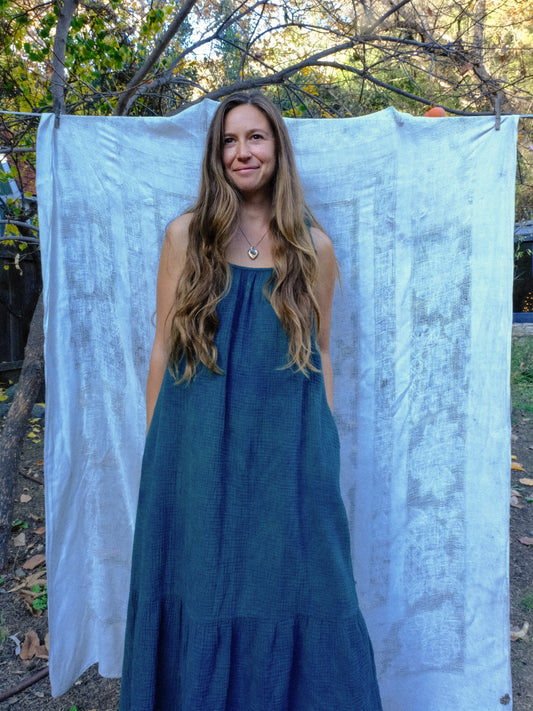 Indigo Cotton Gauze Flutter Strap Maxi Dress