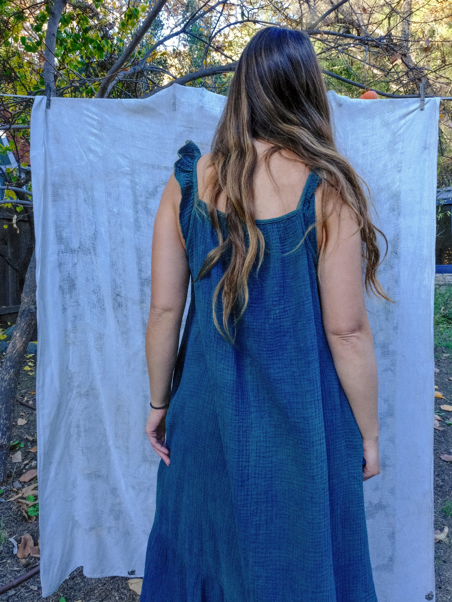 Indigo Cotton Gauze Flutter Strap Maxi Dress