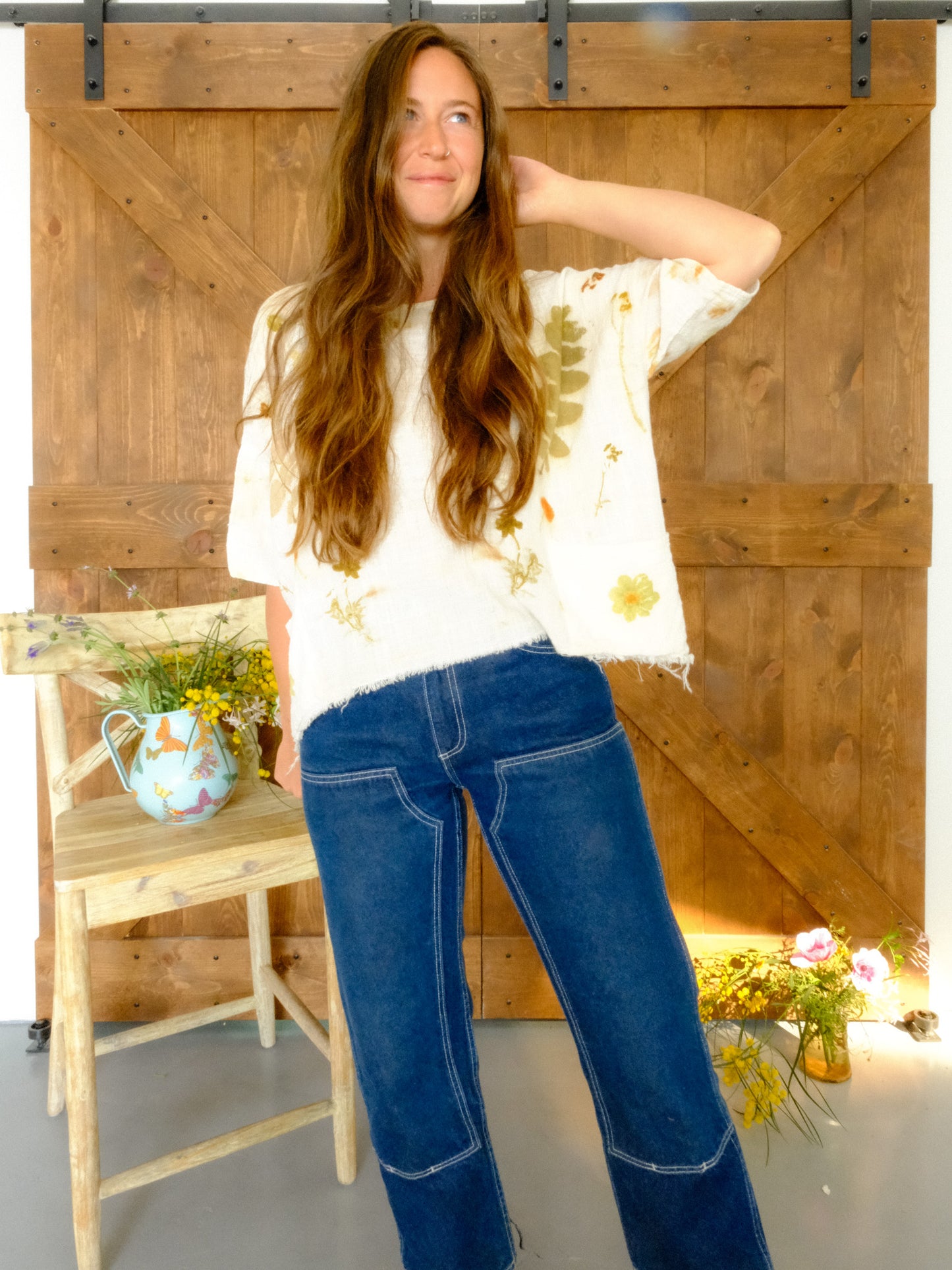 Eco-printed Gauze Raw Edge Boxy Blouse