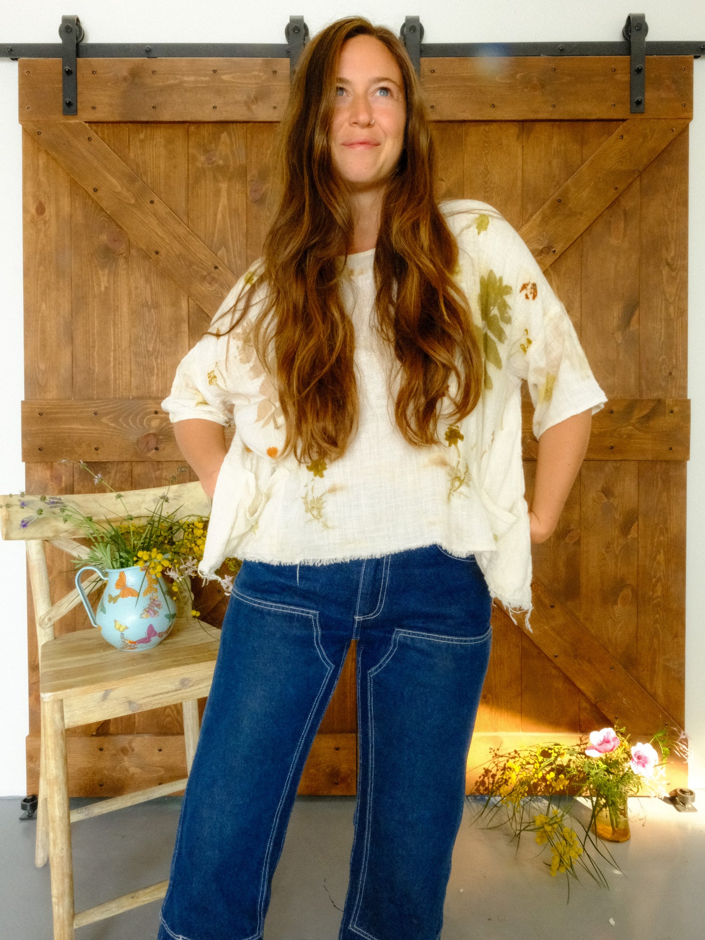 Eco-printed Gauze Raw Edge Boxy Blouse