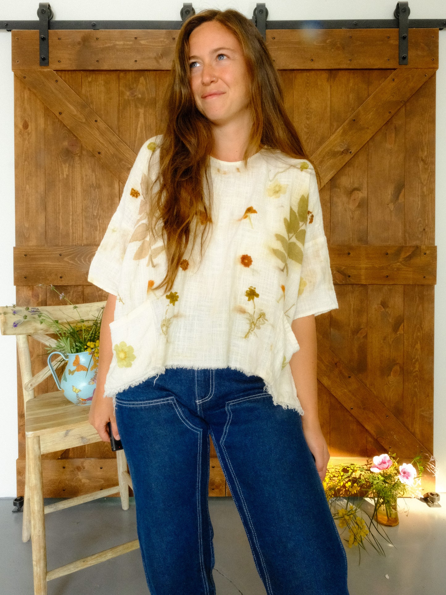 Eco-printed Gauze Raw Edge Boxy Blouse