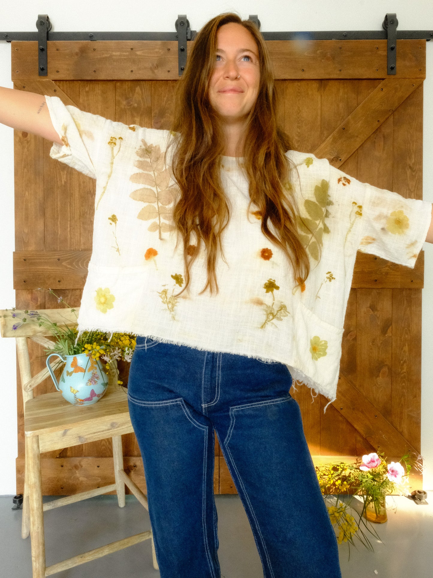 Eco-printed Gauze Raw Edge Boxy Blouse