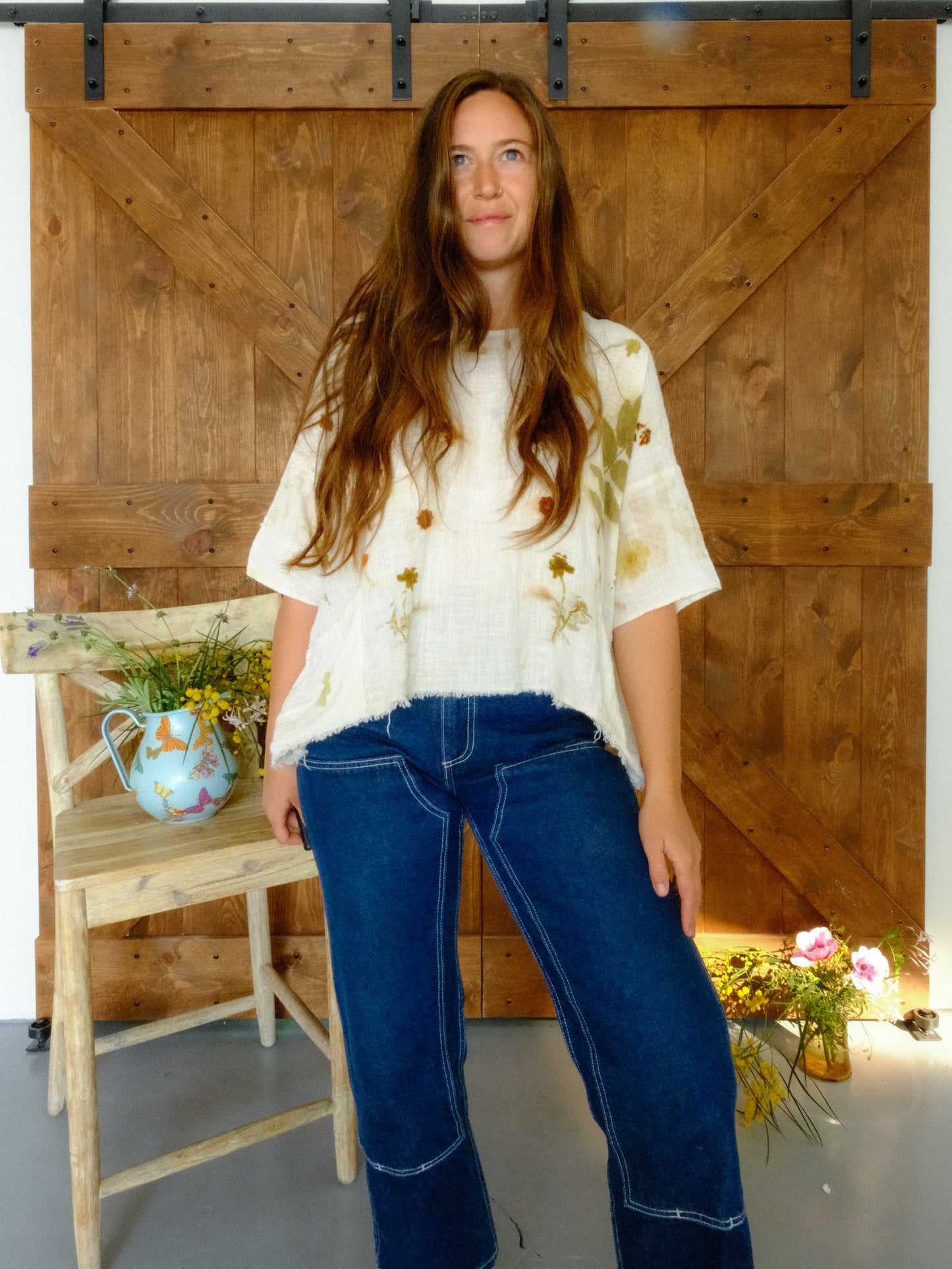 Eco-printed Gauze Raw Edge Boxy Blouse