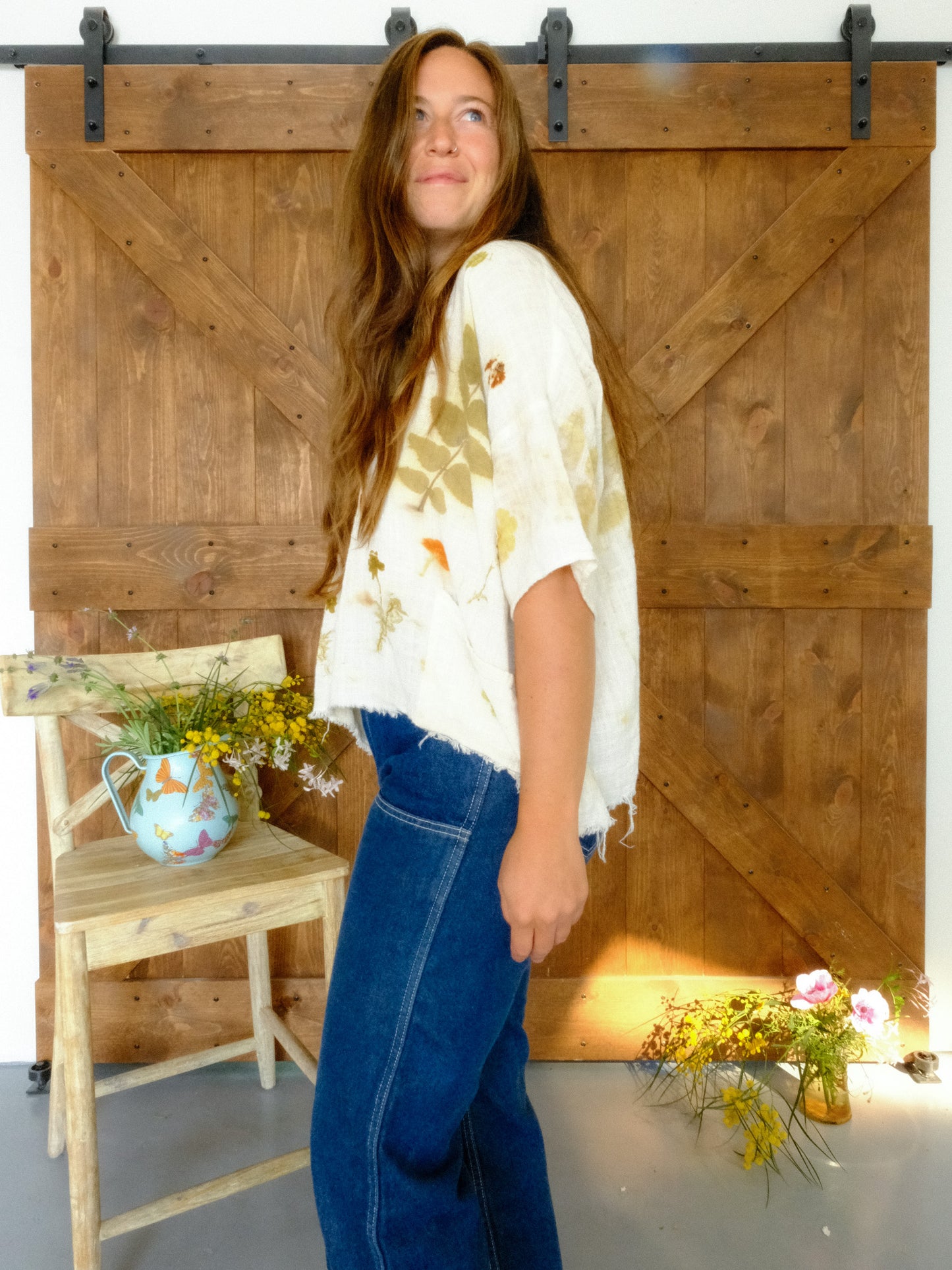 Eco-printed Gauze Raw Edge Boxy Blouse