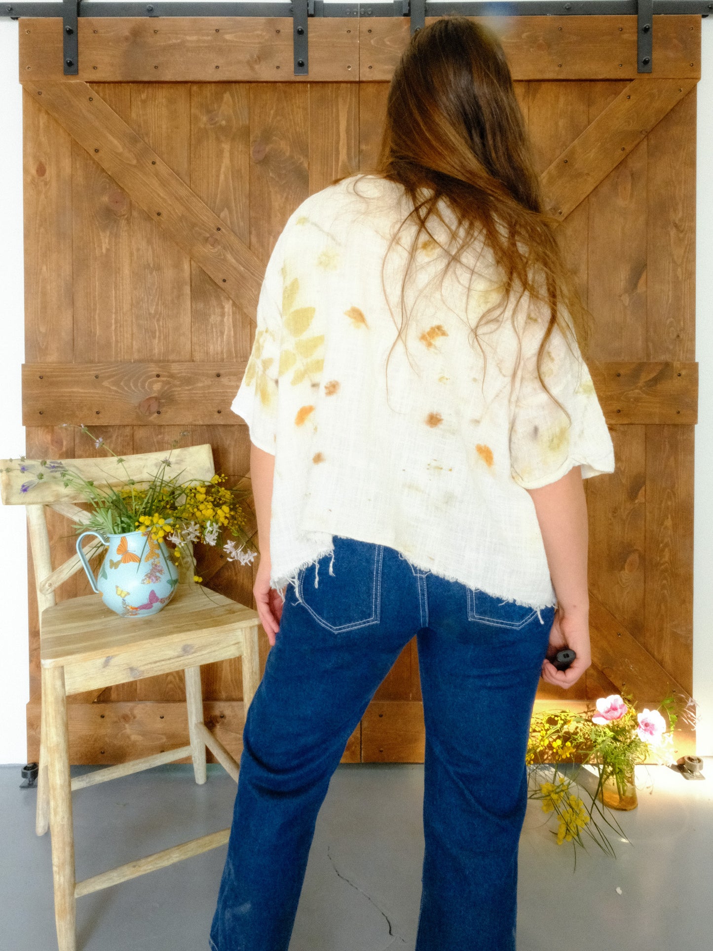 Eco-printed Gauze Raw Edge Boxy Blouse