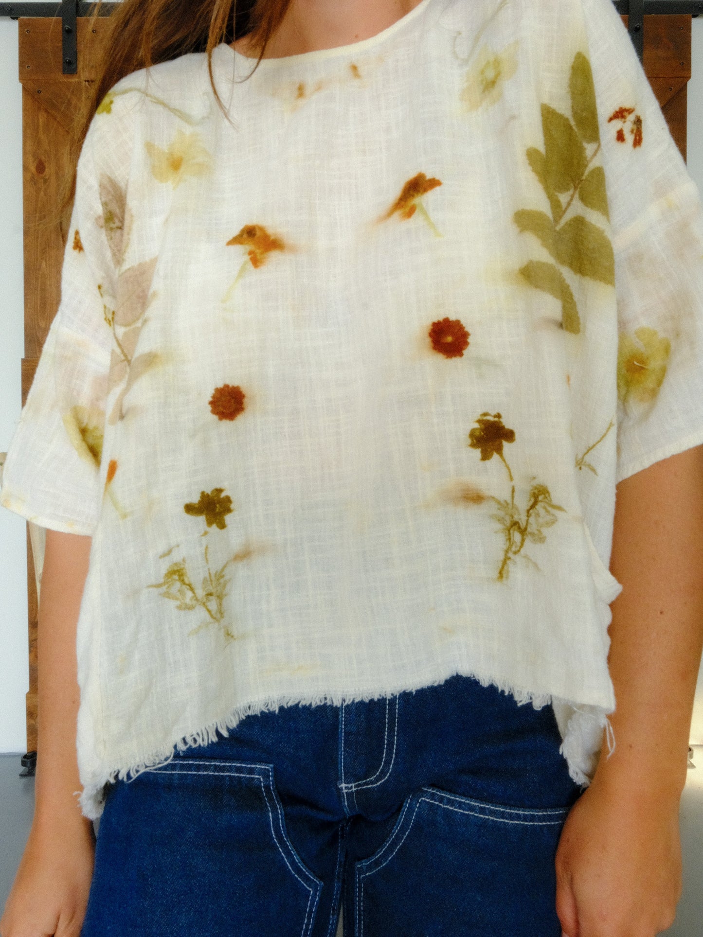 Eco-printed Gauze Raw Edge Boxy Blouse