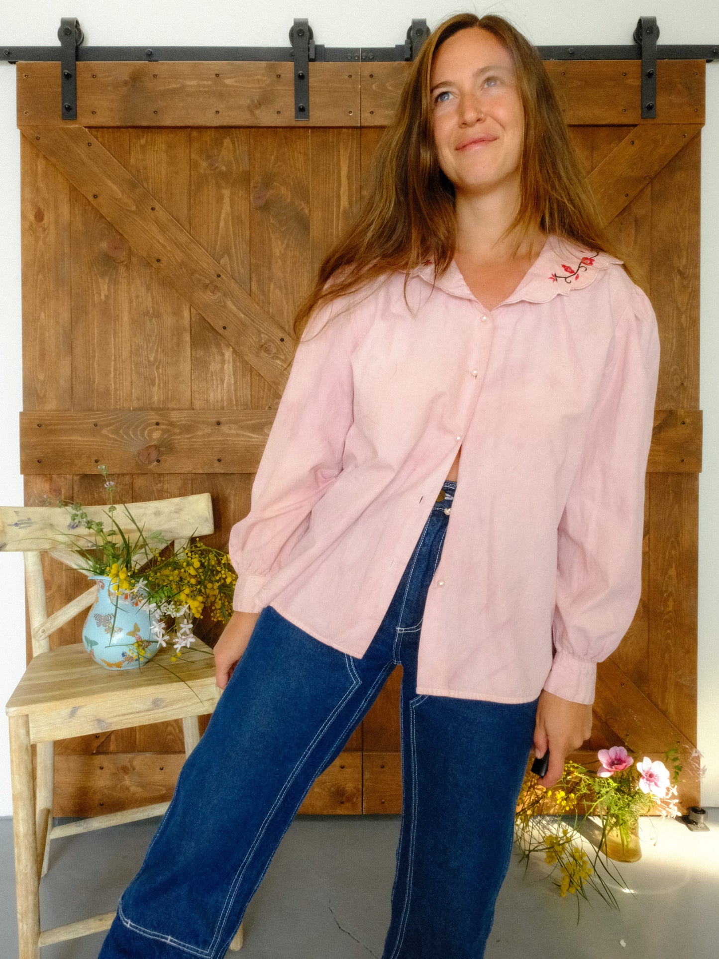 Lac Embroidered Collar Long Sleeve Blouse