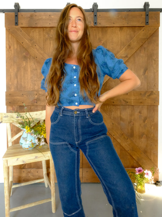 Indigo Floral Puff Sleeve Crop