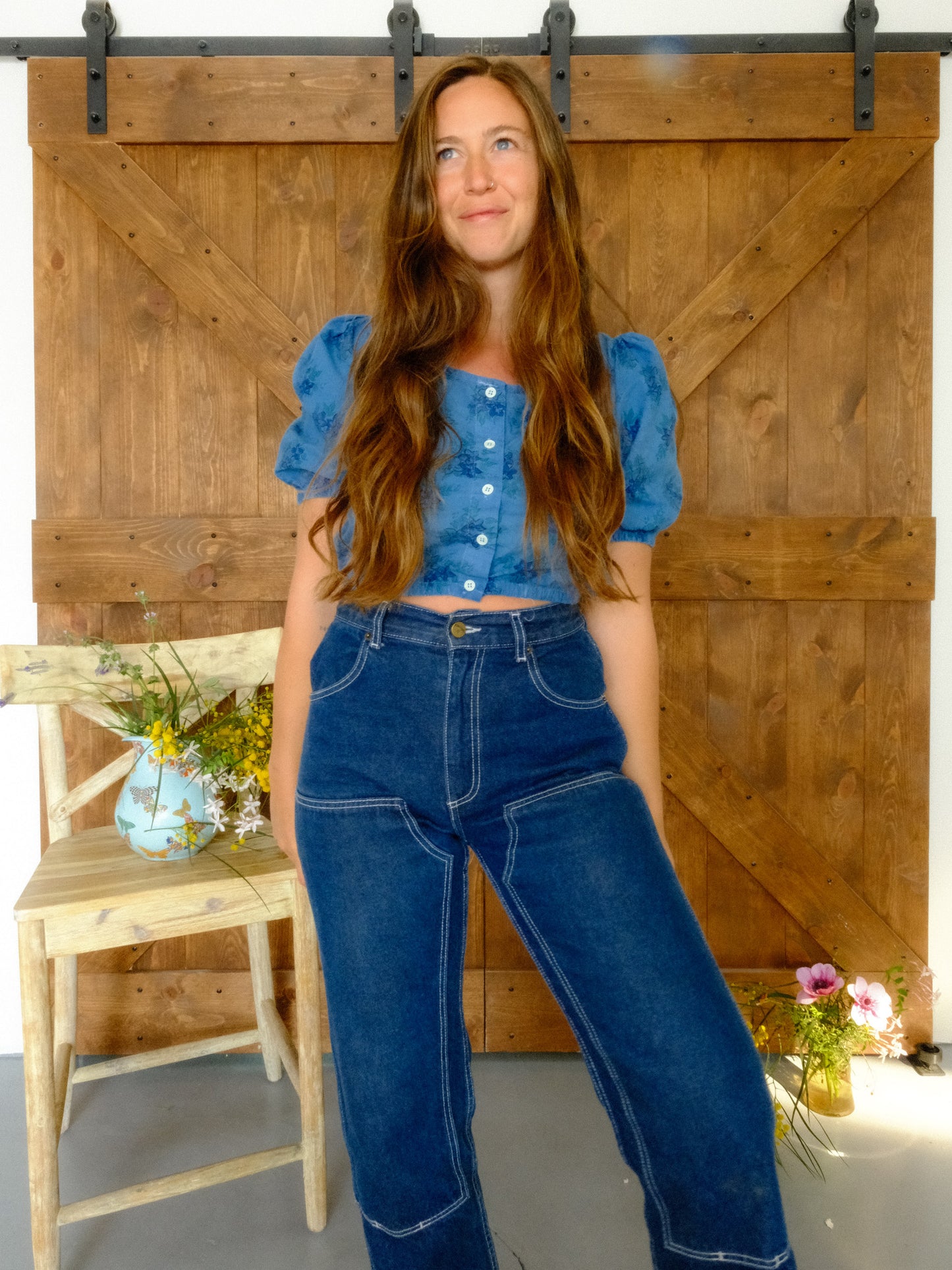 Indigo Floral Puff Sleeve Crop