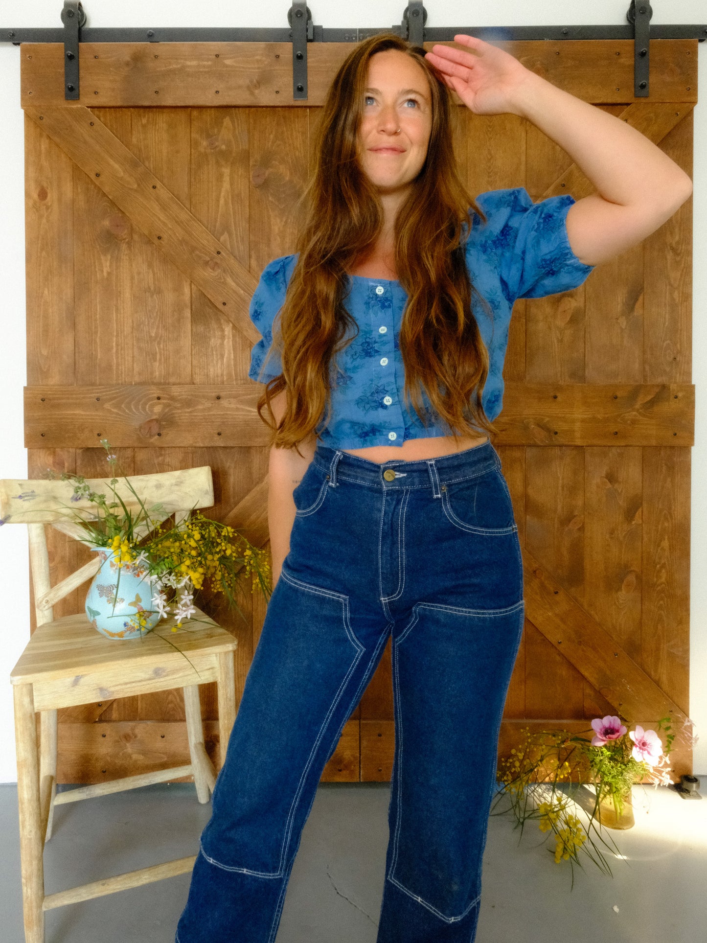 Indigo Floral Puff Sleeve Crop