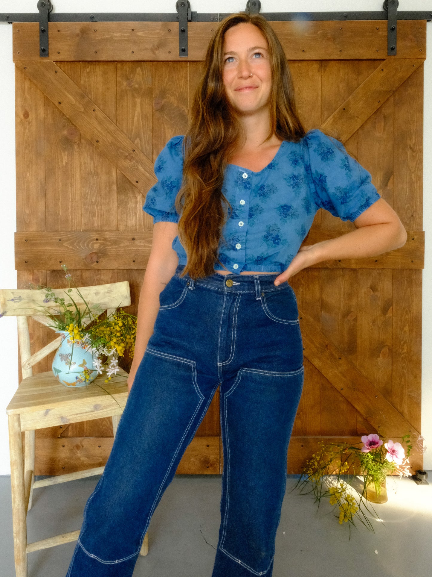 Indigo Floral Puff Sleeve Crop