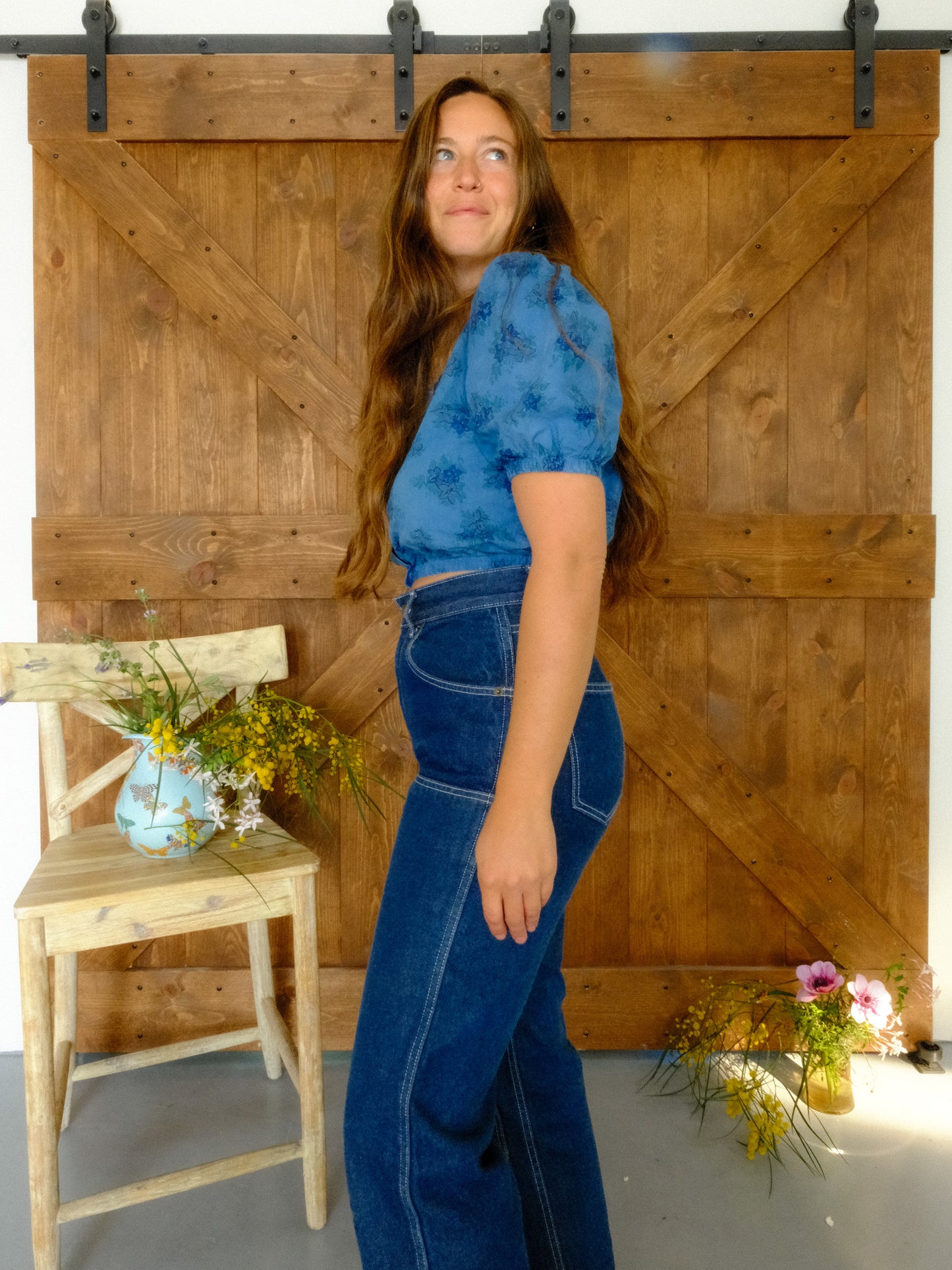 Indigo Floral Puff Sleeve Crop