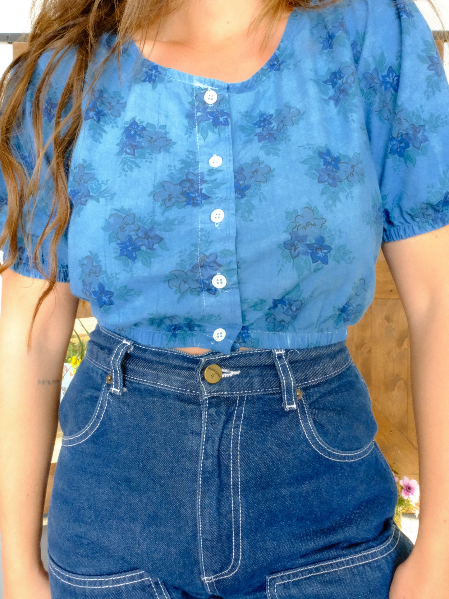 Indigo Floral Puff Sleeve Crop