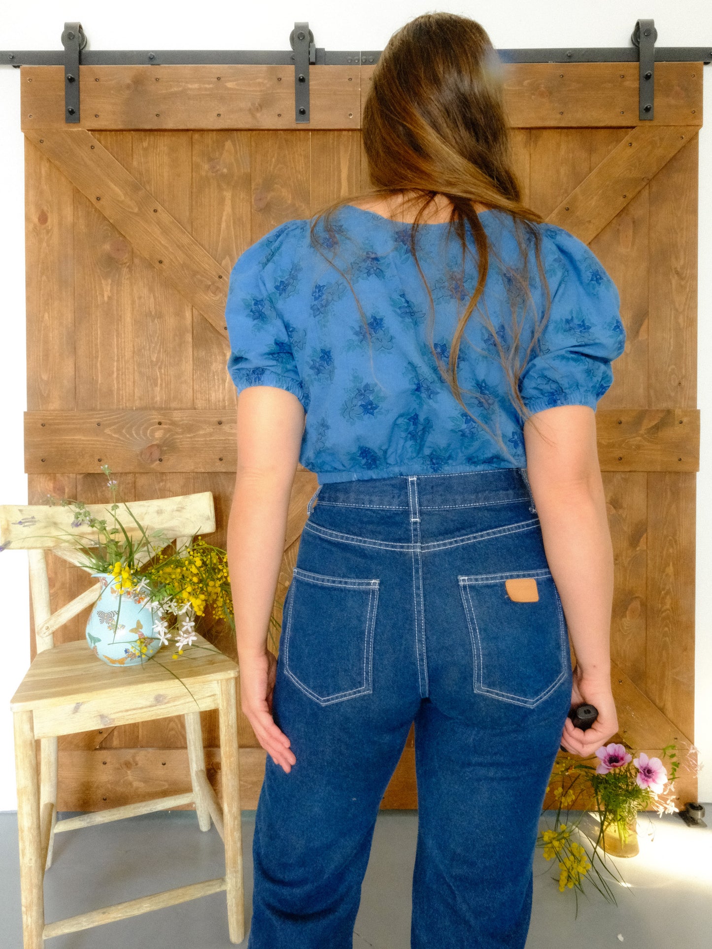 Indigo Floral Puff Sleeve Crop
