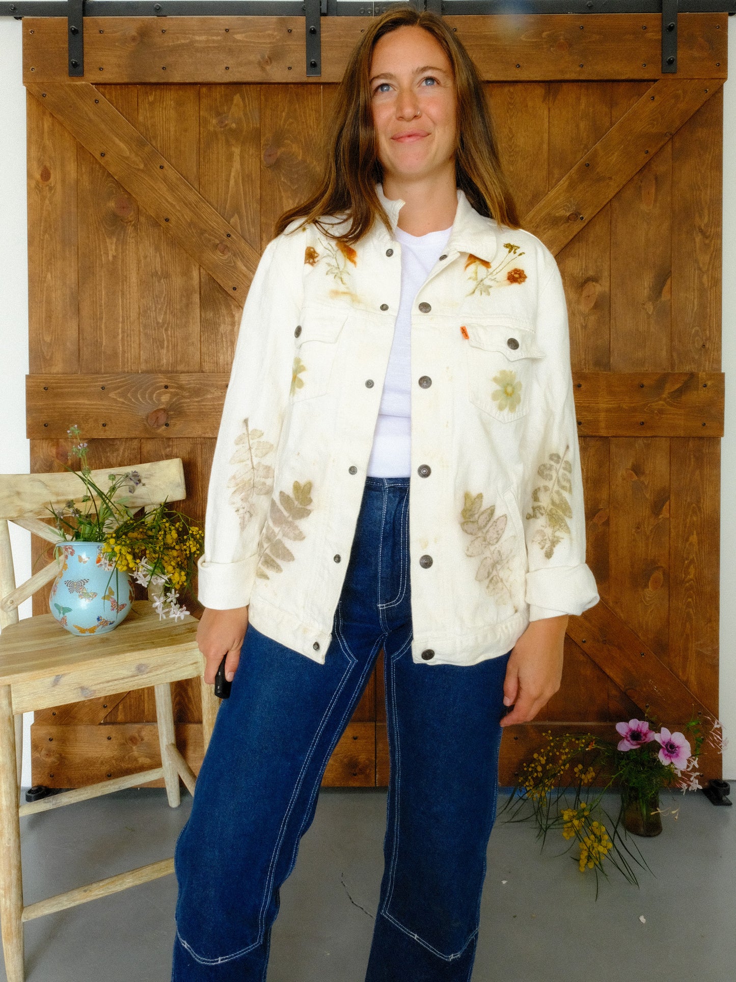 Eco-printed Levi's White Denim Jacket