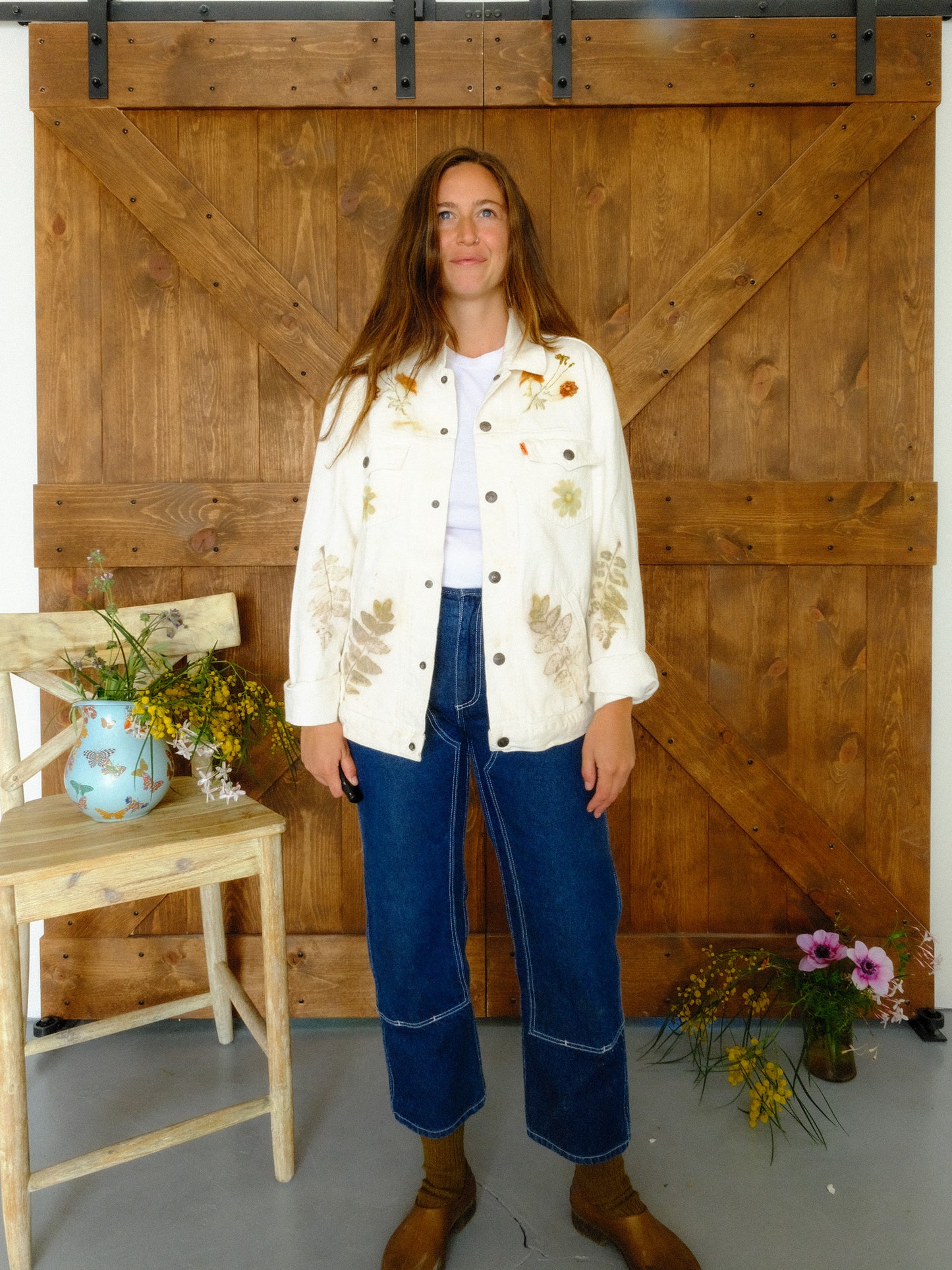 Eco-printed Levi's White Denim Jacket