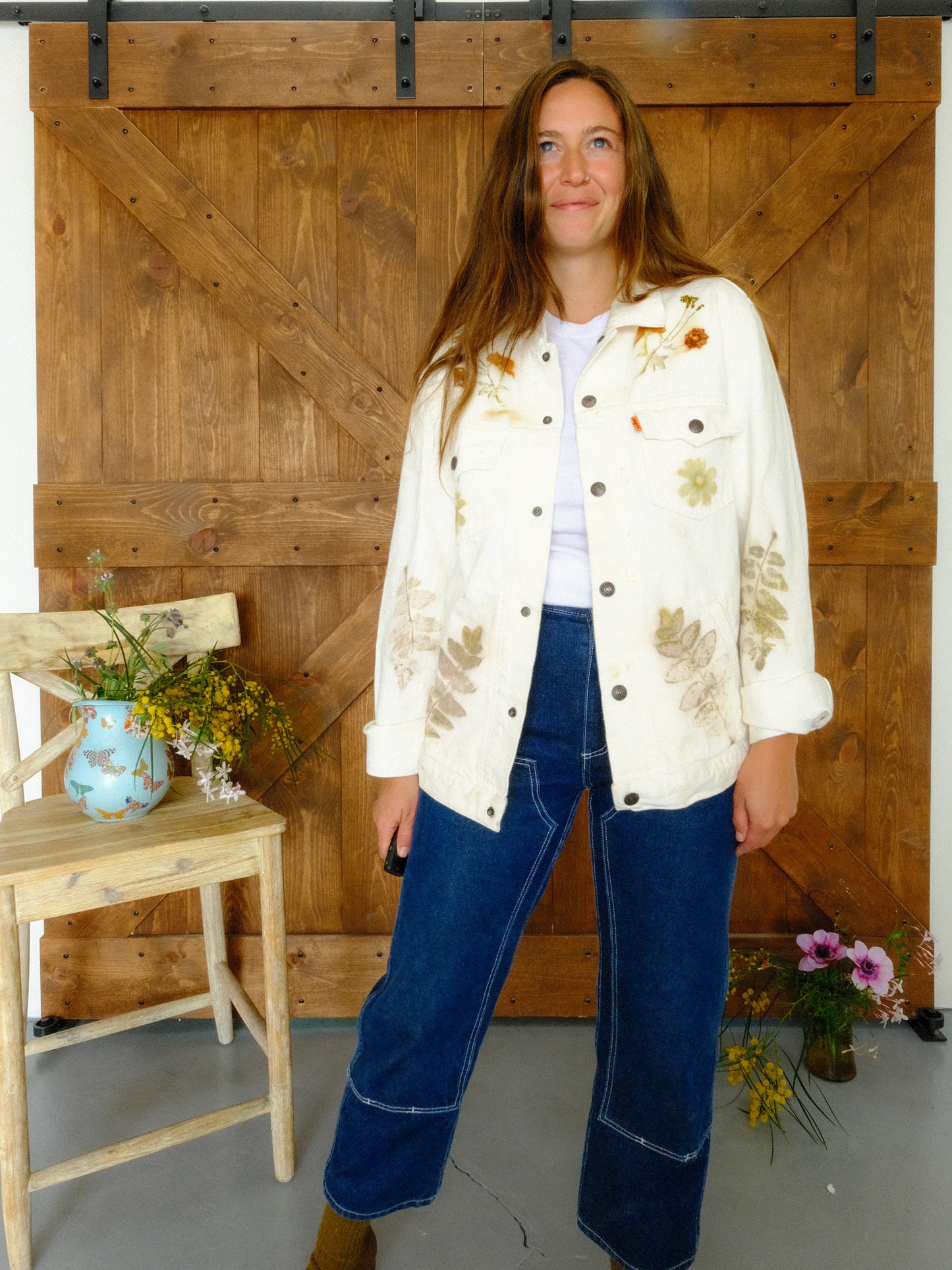 Eco-printed Levi's White Denim Jacket