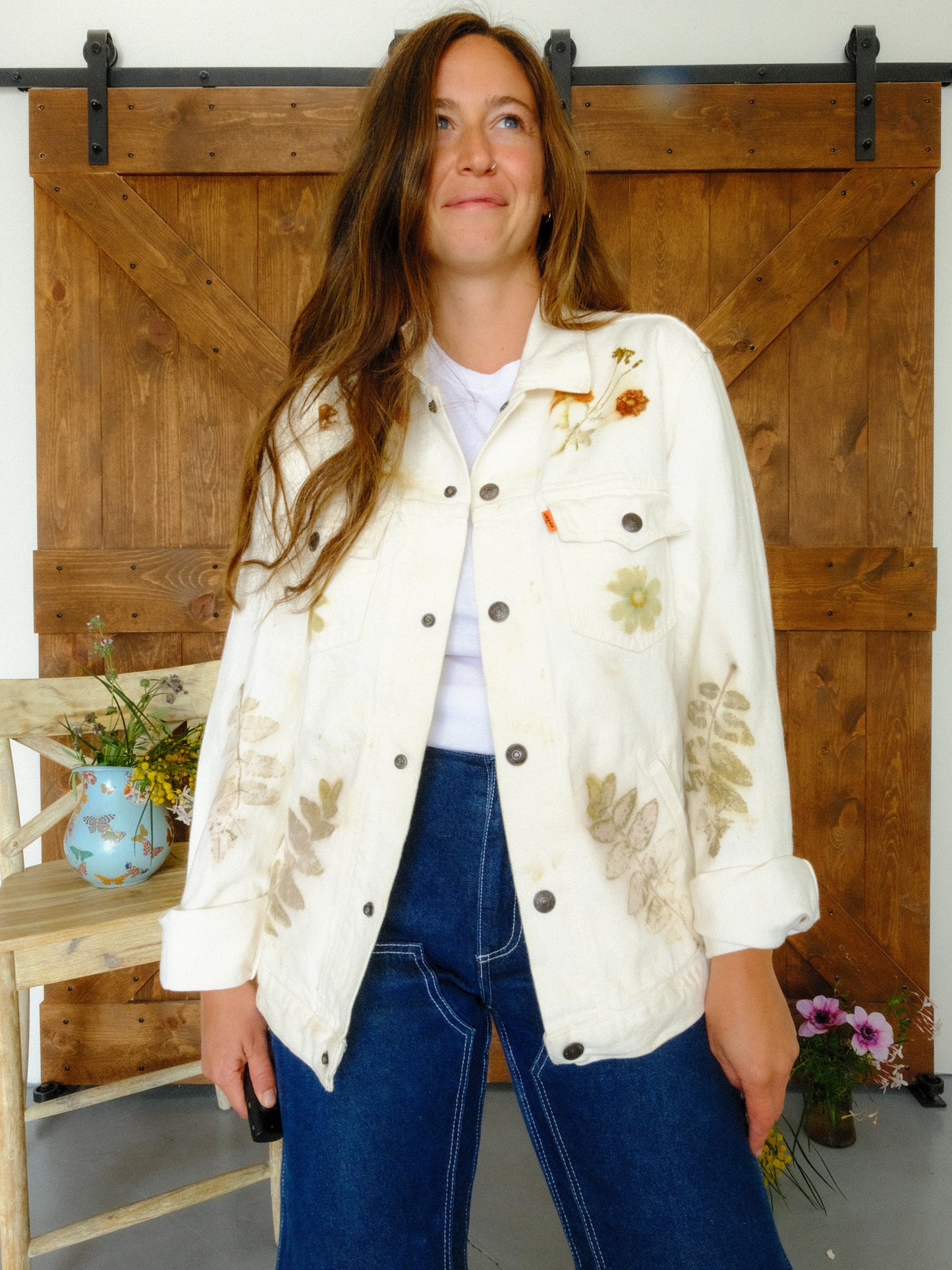 Eco-printed Levi's White Denim Jacket