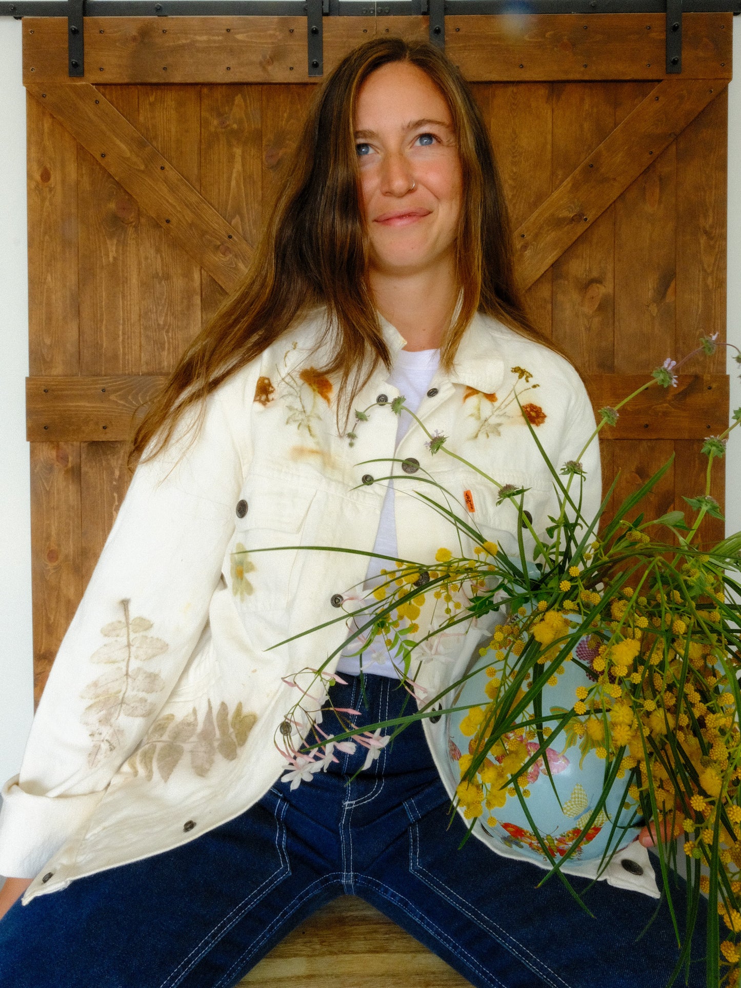 Eco-printed Levi's White Denim Jacket
