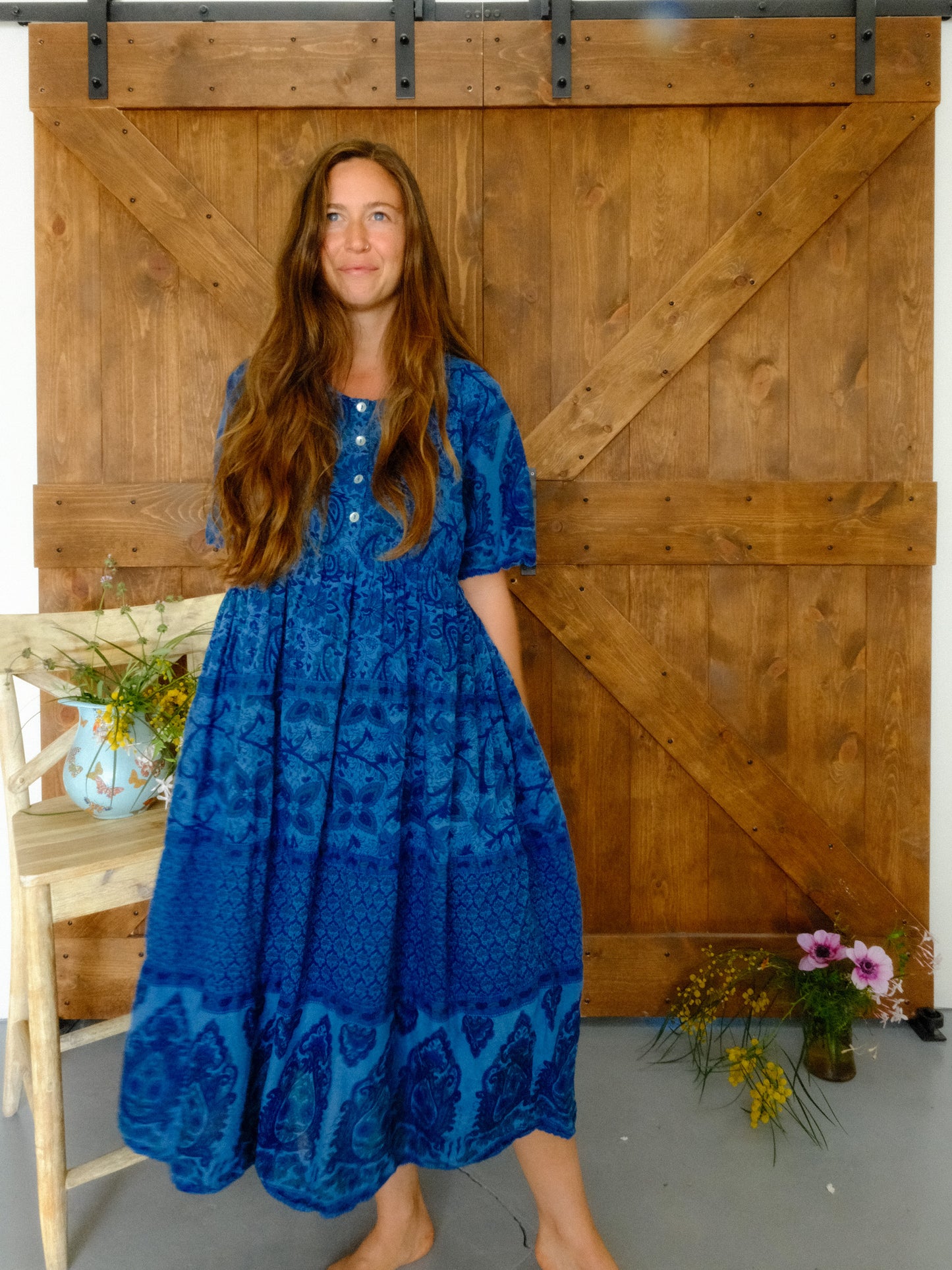 Indigo Block Print Cotton Gauze Dress