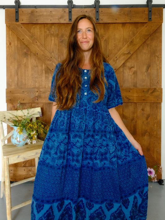 Indigo Block Print Cotton Gauze Dress
