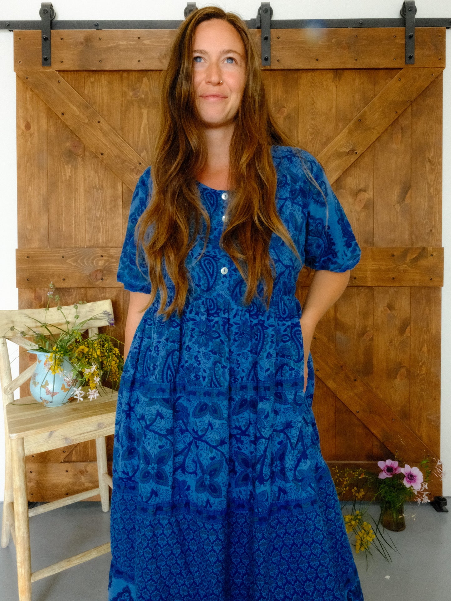 Indigo Block Print Cotton Gauze Dress