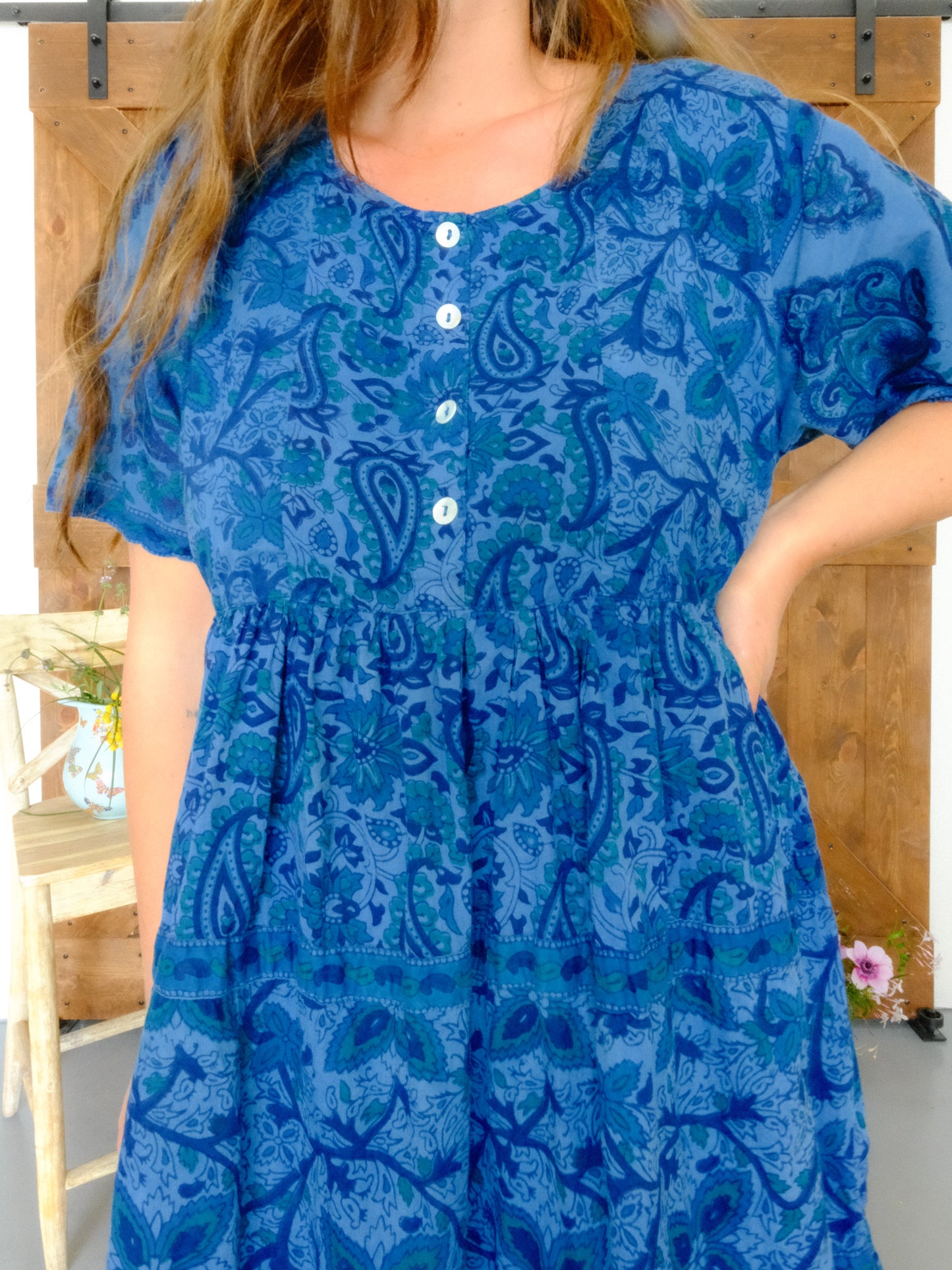 Indigo Block Print Cotton Gauze Dress
