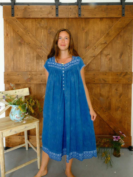 Indigo Flower Button Dress