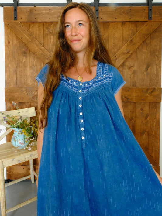 Indigo Flower Button Dress