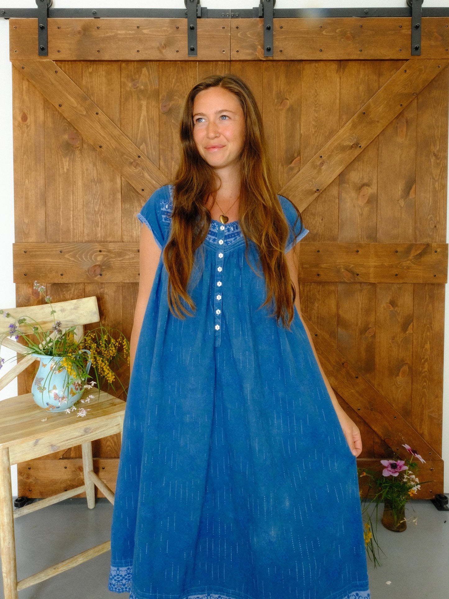 Indigo Flower Button Dress