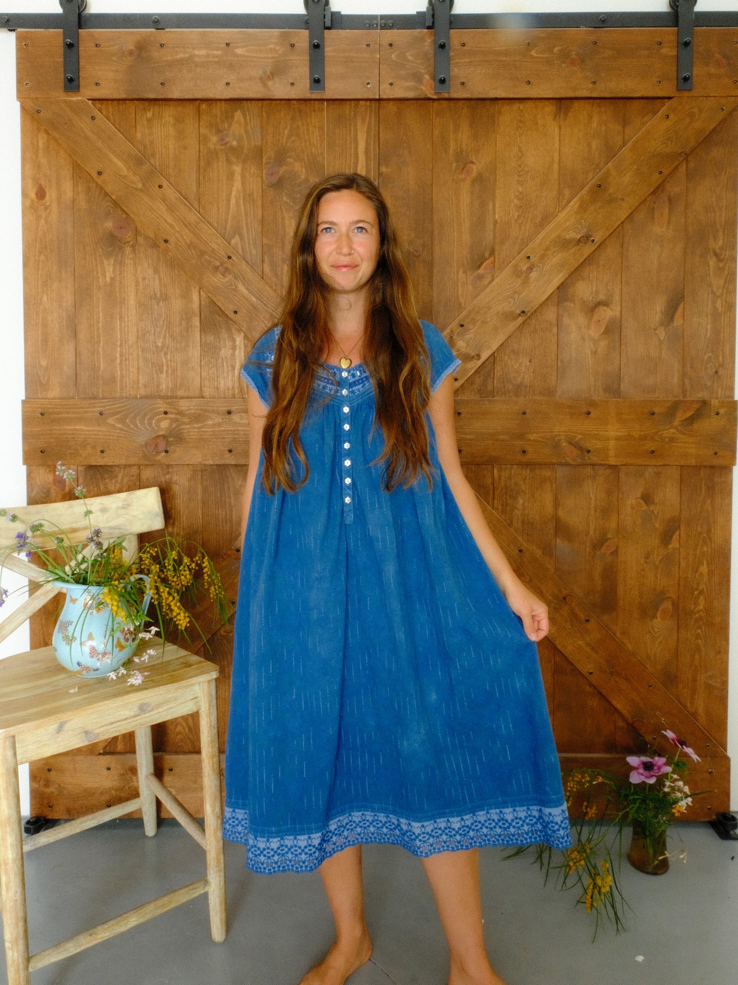 Indigo Flower Button Dress