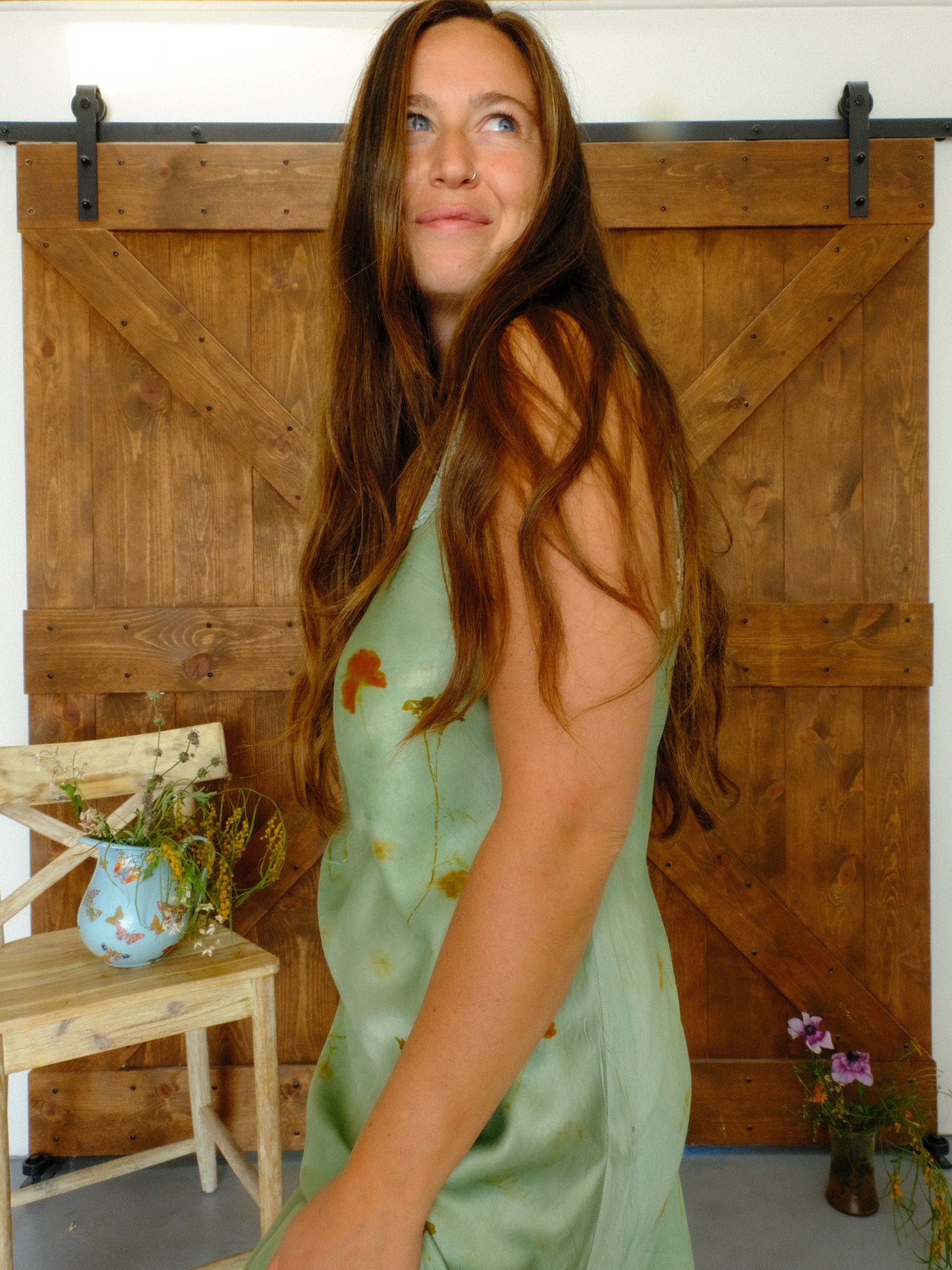 Eco-printed Chlorophyllin Lace Trim Silk Slip Dress
