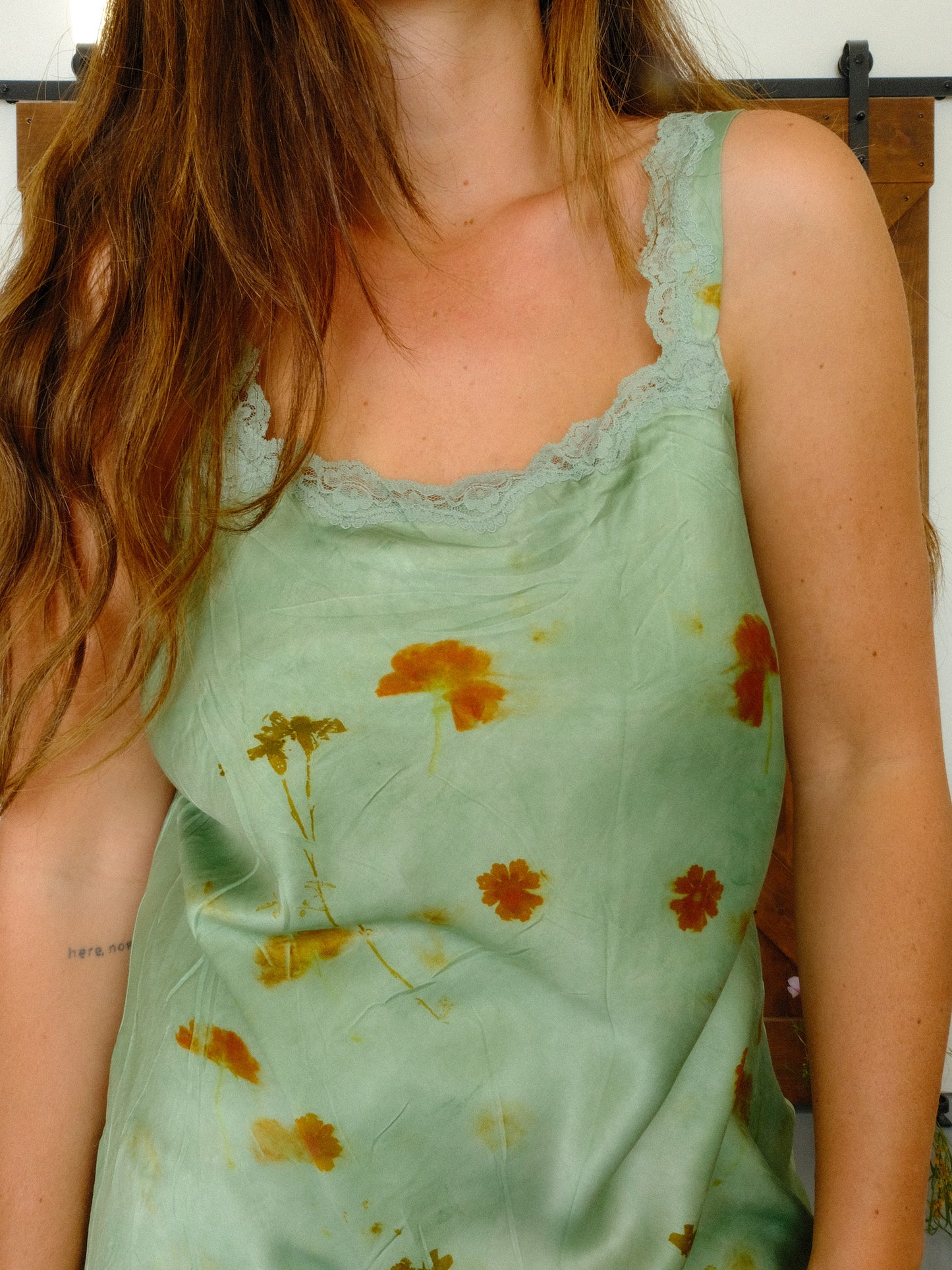 Eco-printed Chlorophyllin Lace Trim Silk Slip Dress