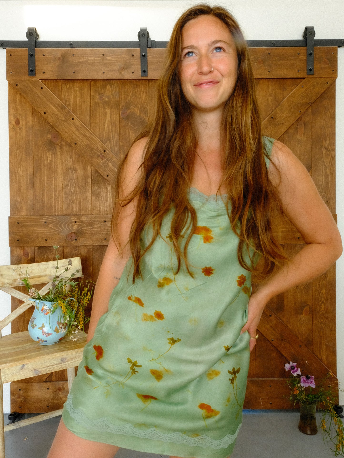 Eco-printed Chlorophyllin Lace Trim Silk Slip Dress