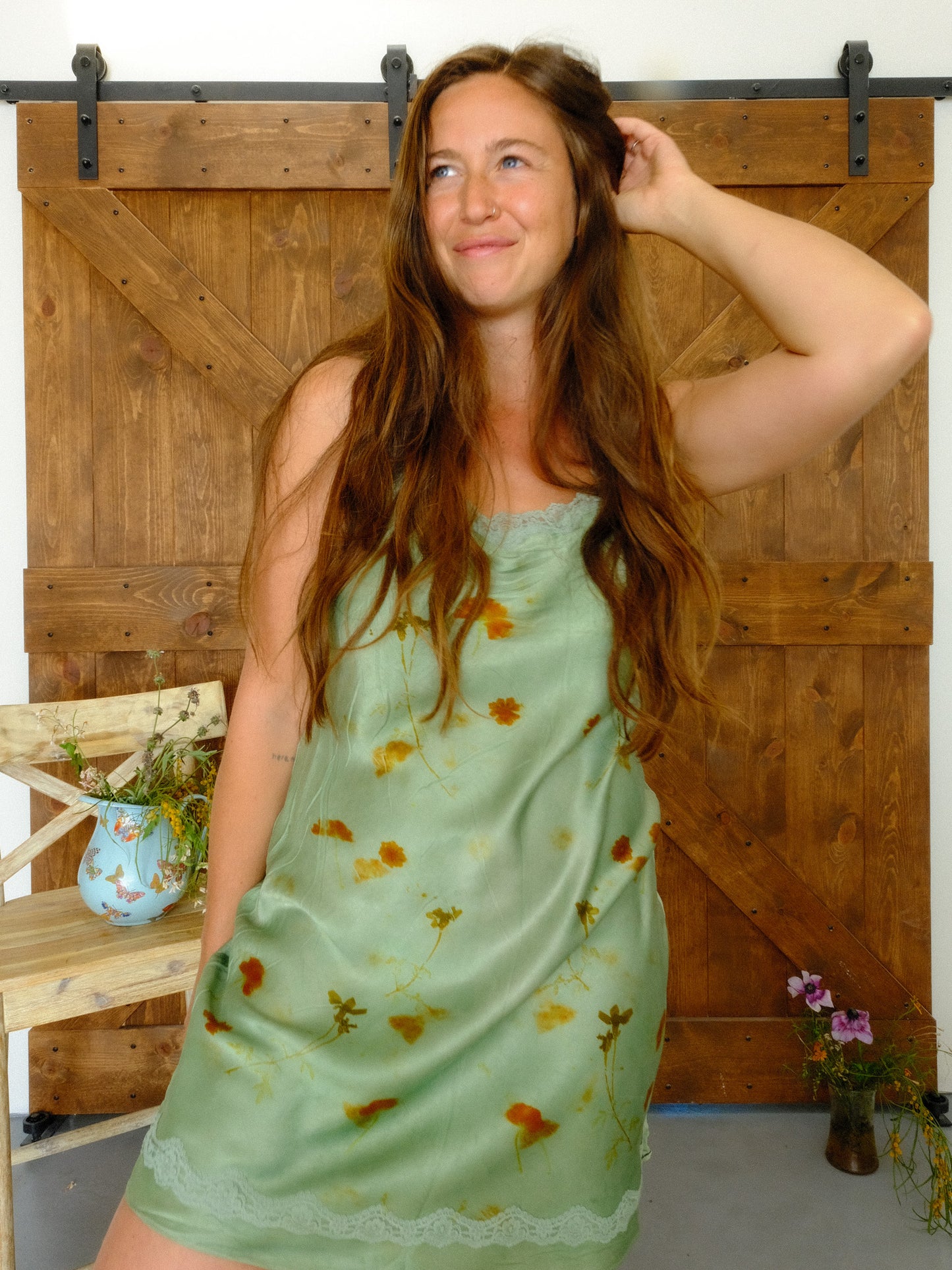 Eco-printed Chlorophyllin Lace Trim Silk Slip Dress