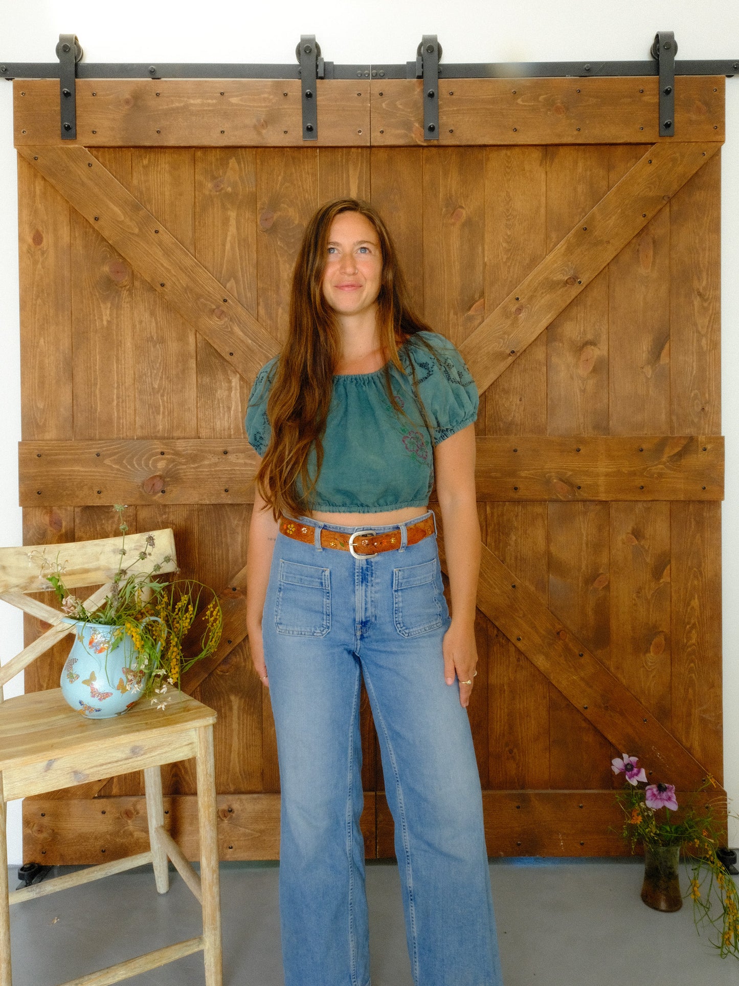 Indigo Embroidered Puff Sleeve Elastic Crop