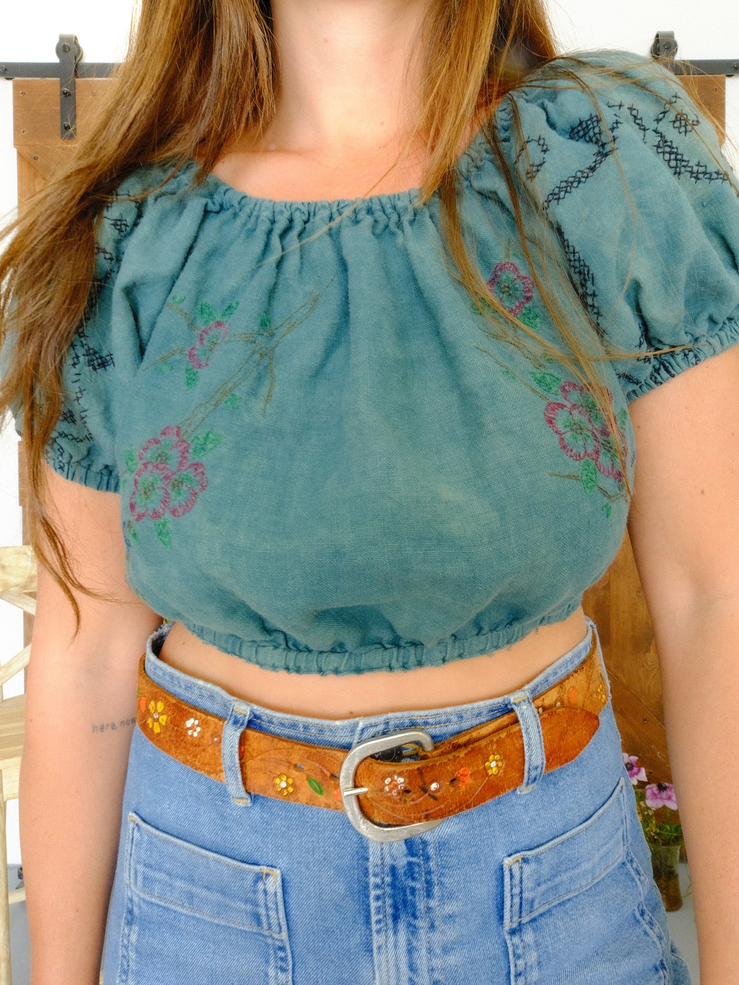 Indigo Embroidered Puff Sleeve Elastic Crop