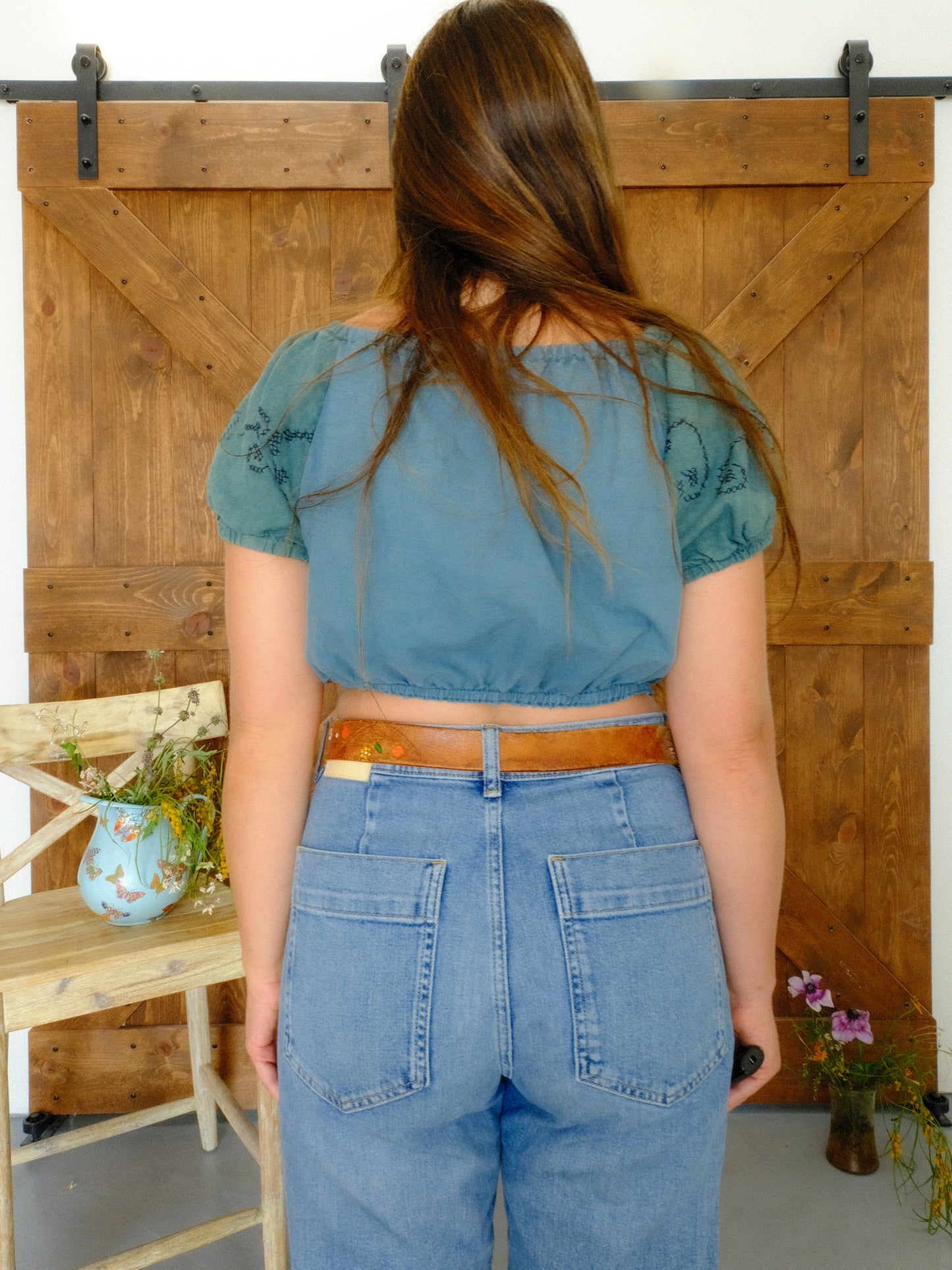 Indigo Embroidered Puff Sleeve Elastic Crop