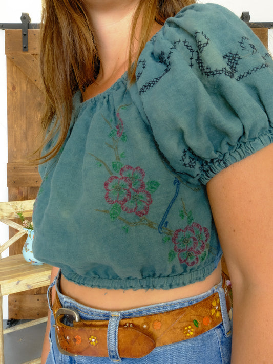 Indigo Embroidered Puff Sleeve Elastic Crop