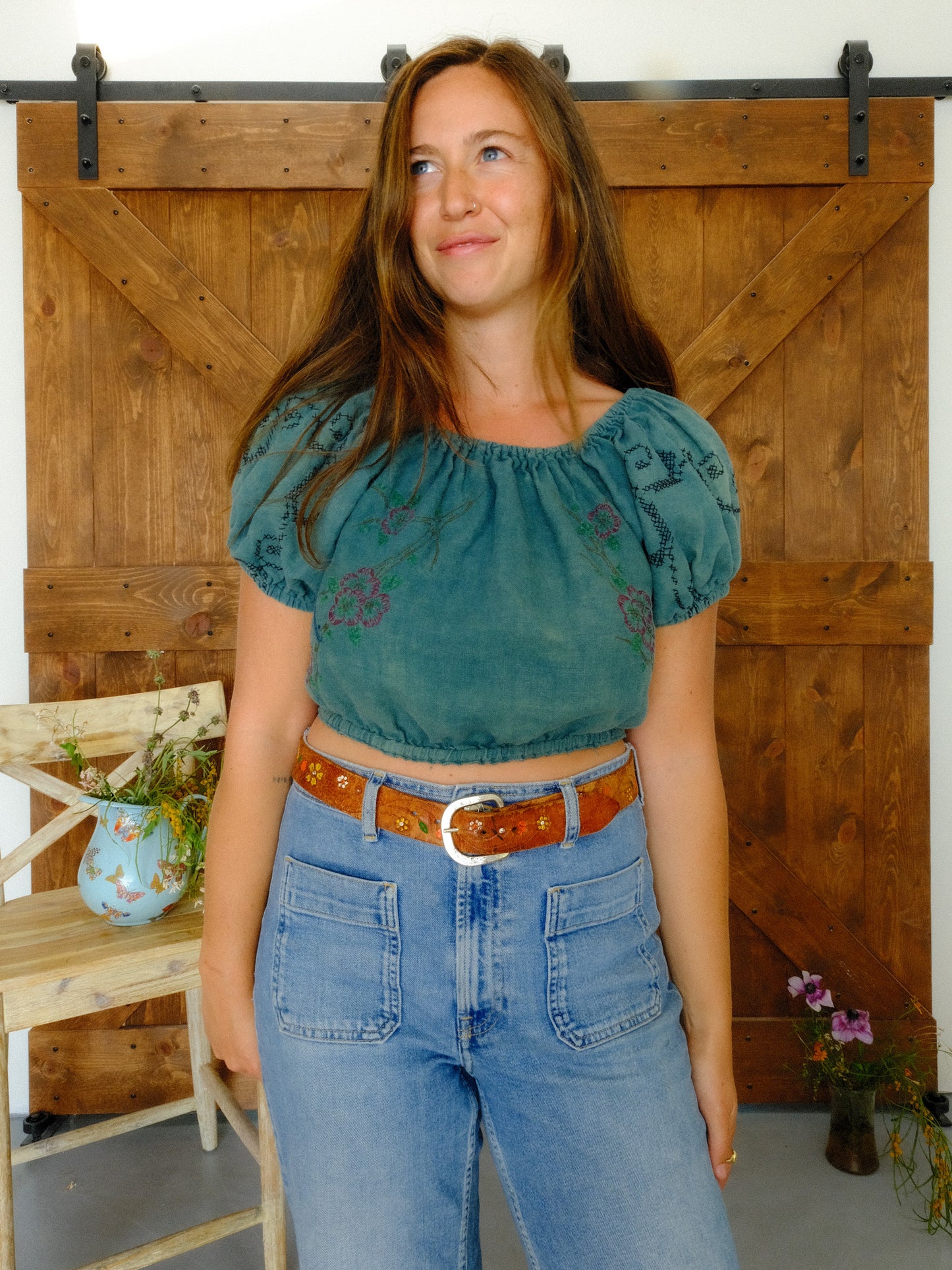 Indigo Embroidered Puff Sleeve Elastic Crop