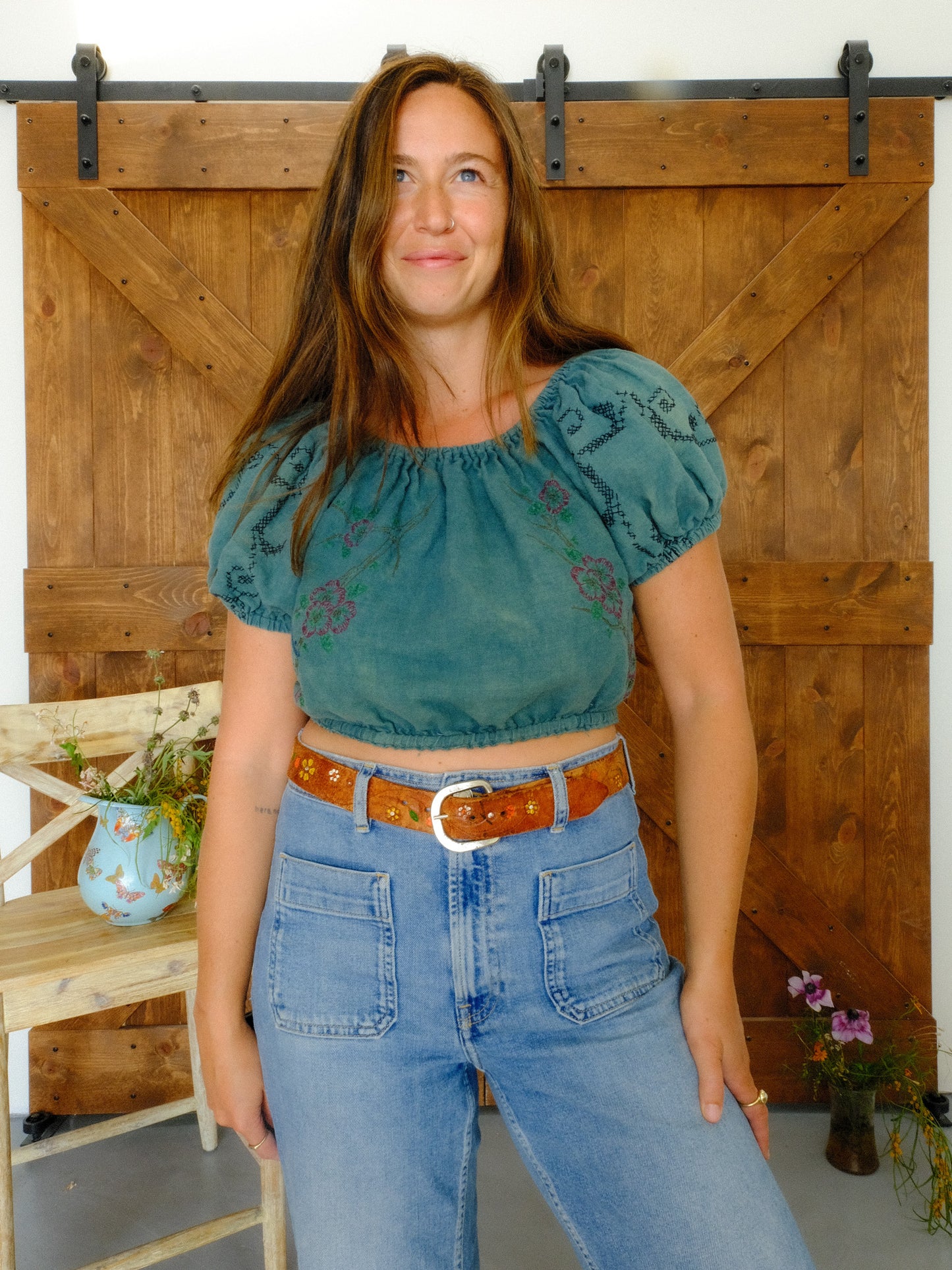 Indigo Embroidered Puff Sleeve Elastic Crop