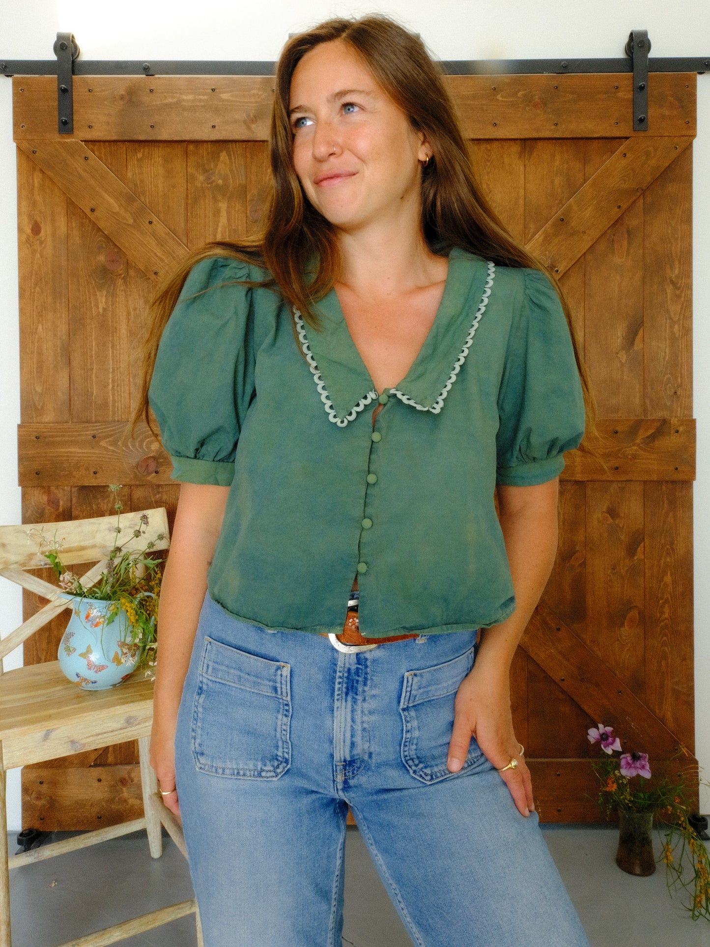 Indigo & Marigold Puff Sleeve Pointed Collar Blouse