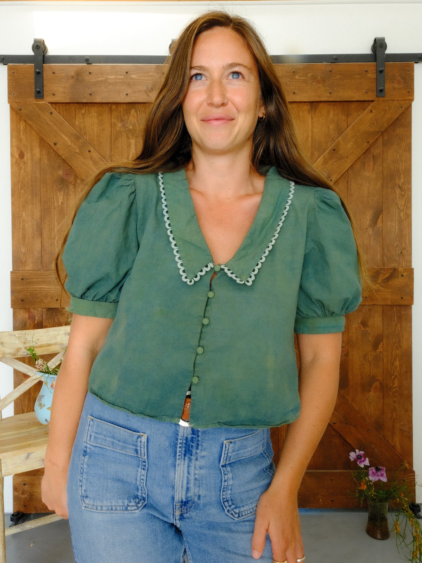 Indigo & Marigold Puff Sleeve Pointed Collar Blouse