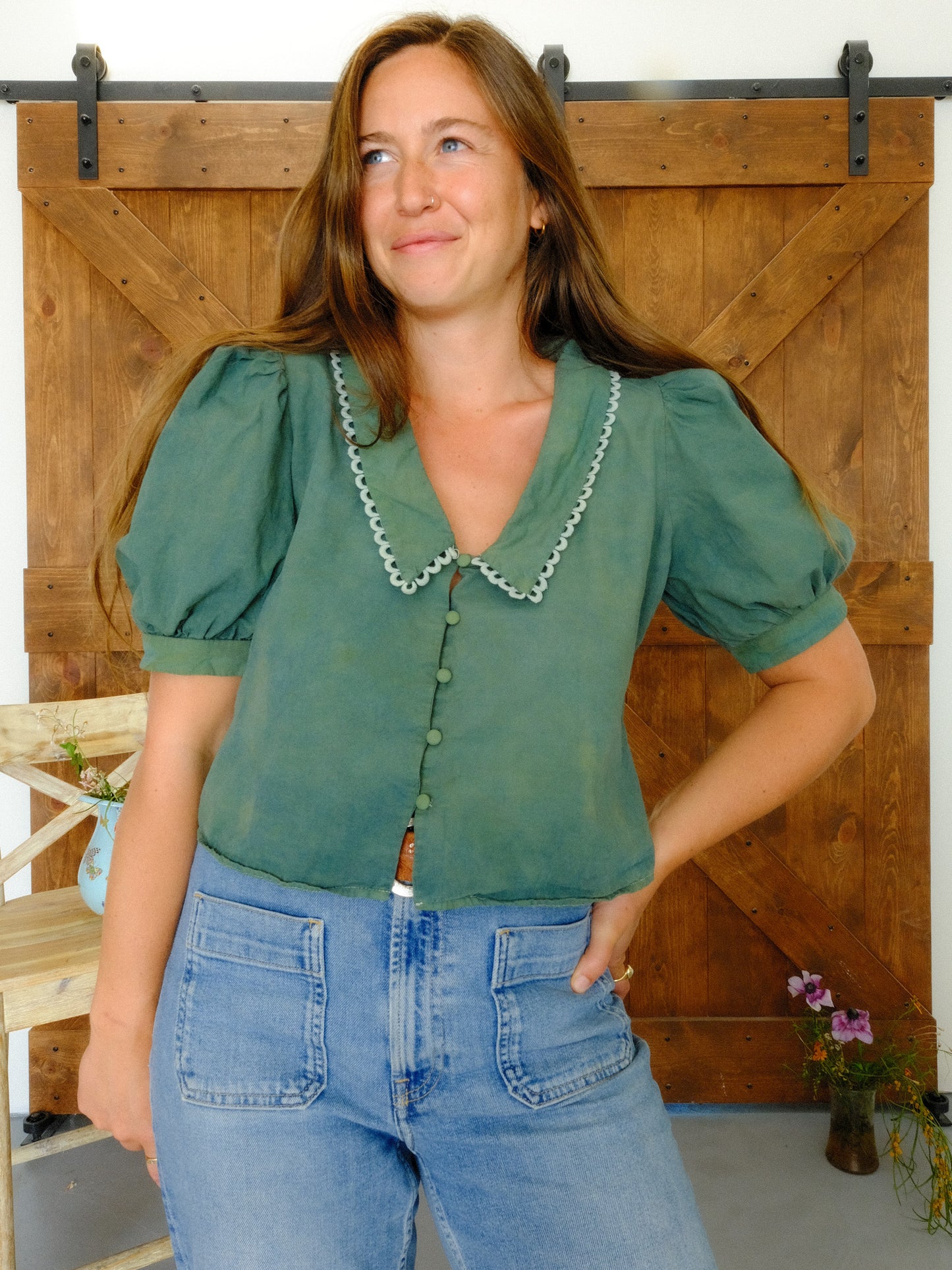 Indigo & Marigold Puff Sleeve Pointed Collar Blouse
