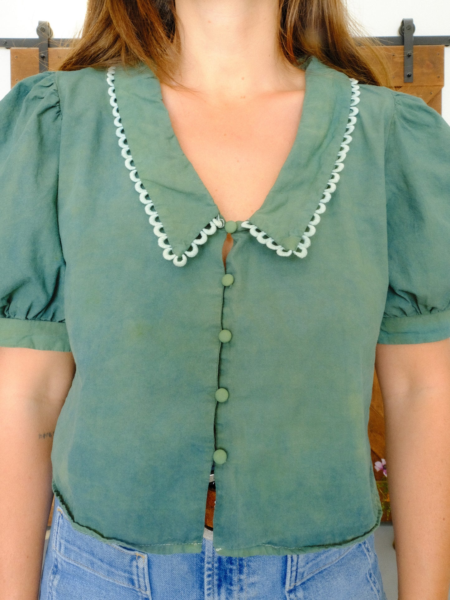 Indigo & Marigold Puff Sleeve Pointed Collar Blouse