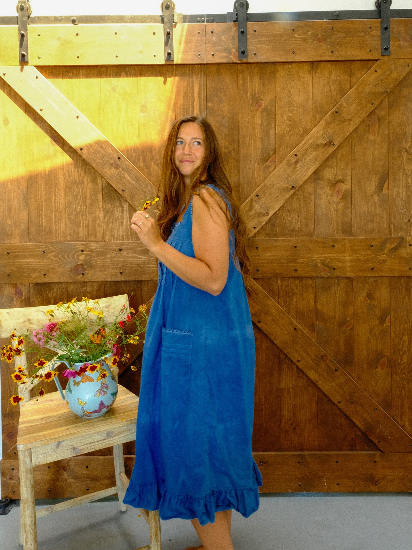 Indigo Patch Pocket Ruffle Dress