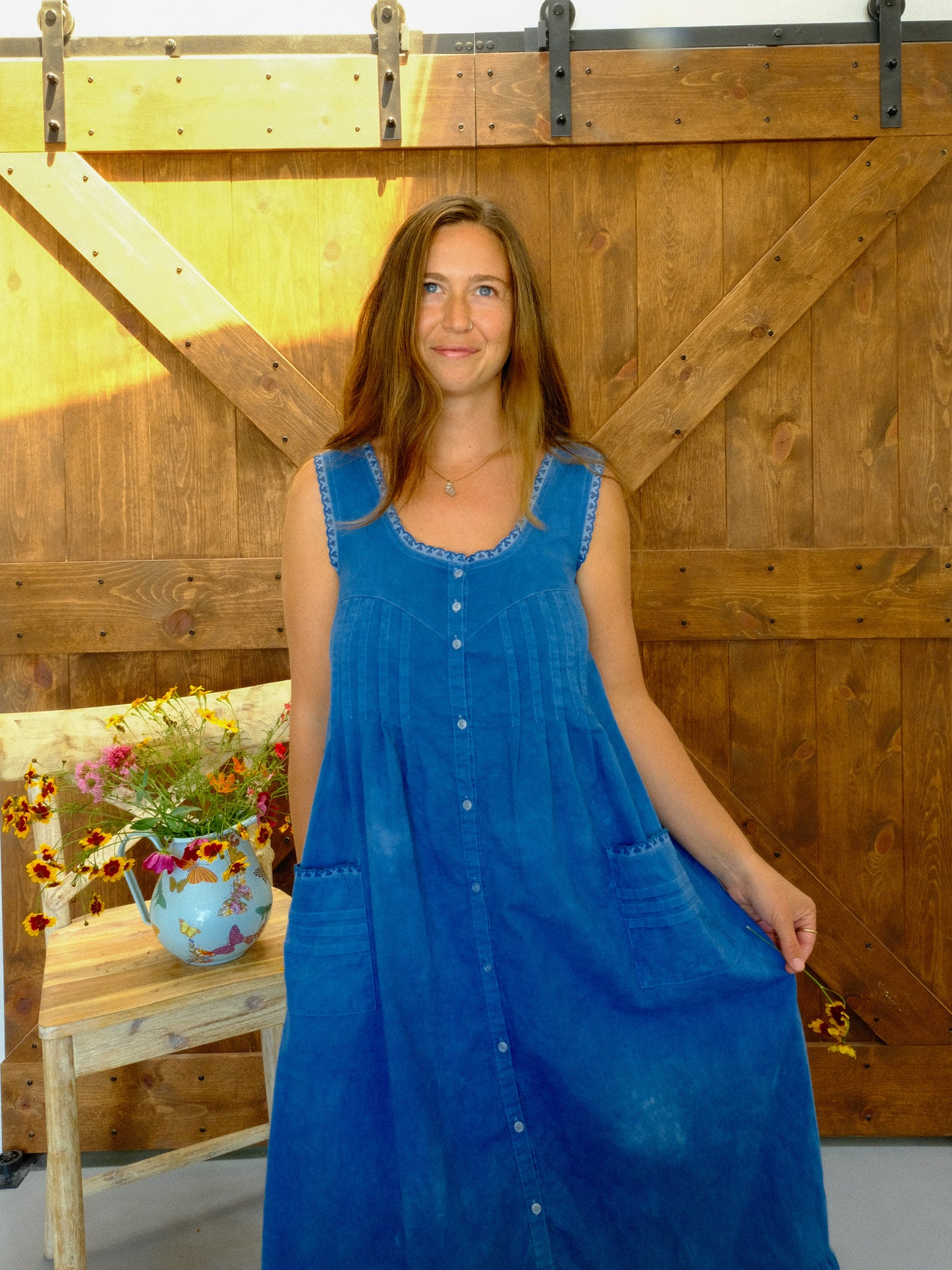 Indigo Patch Pocket Ruffle Dress