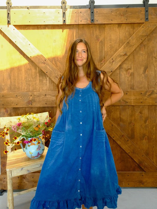 Indigo Patch Pocket Ruffle Dress